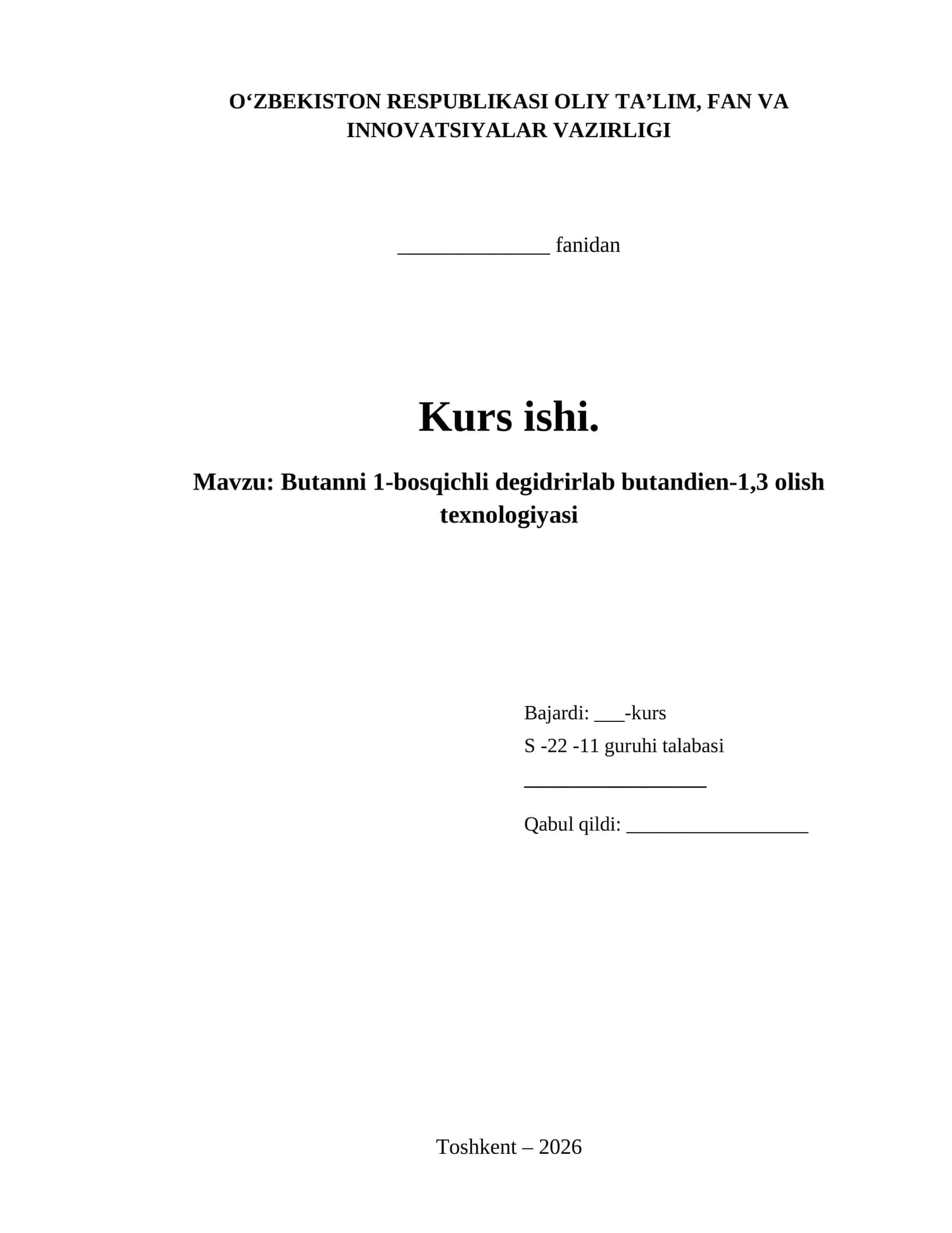 Butanni 1-bosqichli degidrirlab butandien-1,3 olish texnologiyasi