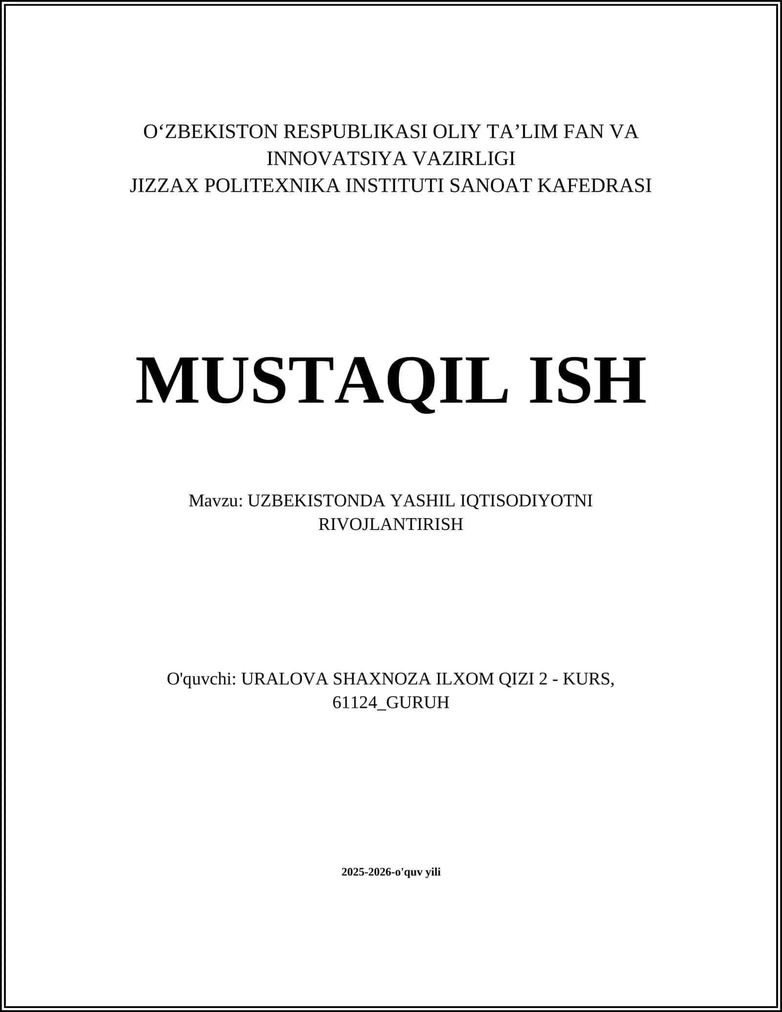 UZBEKISTONDA YASHIL IQTISODIYOTNI RIVOJLANTIRISH