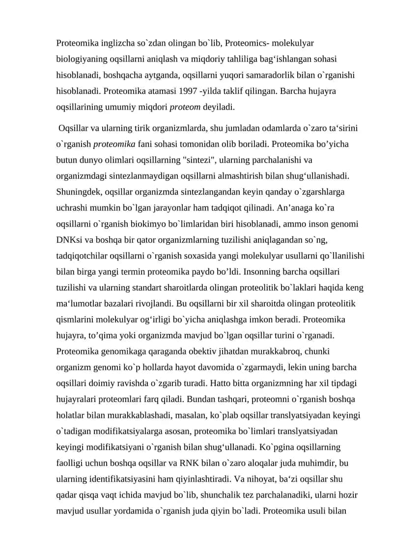 proteomika fani va uning istoqbollari