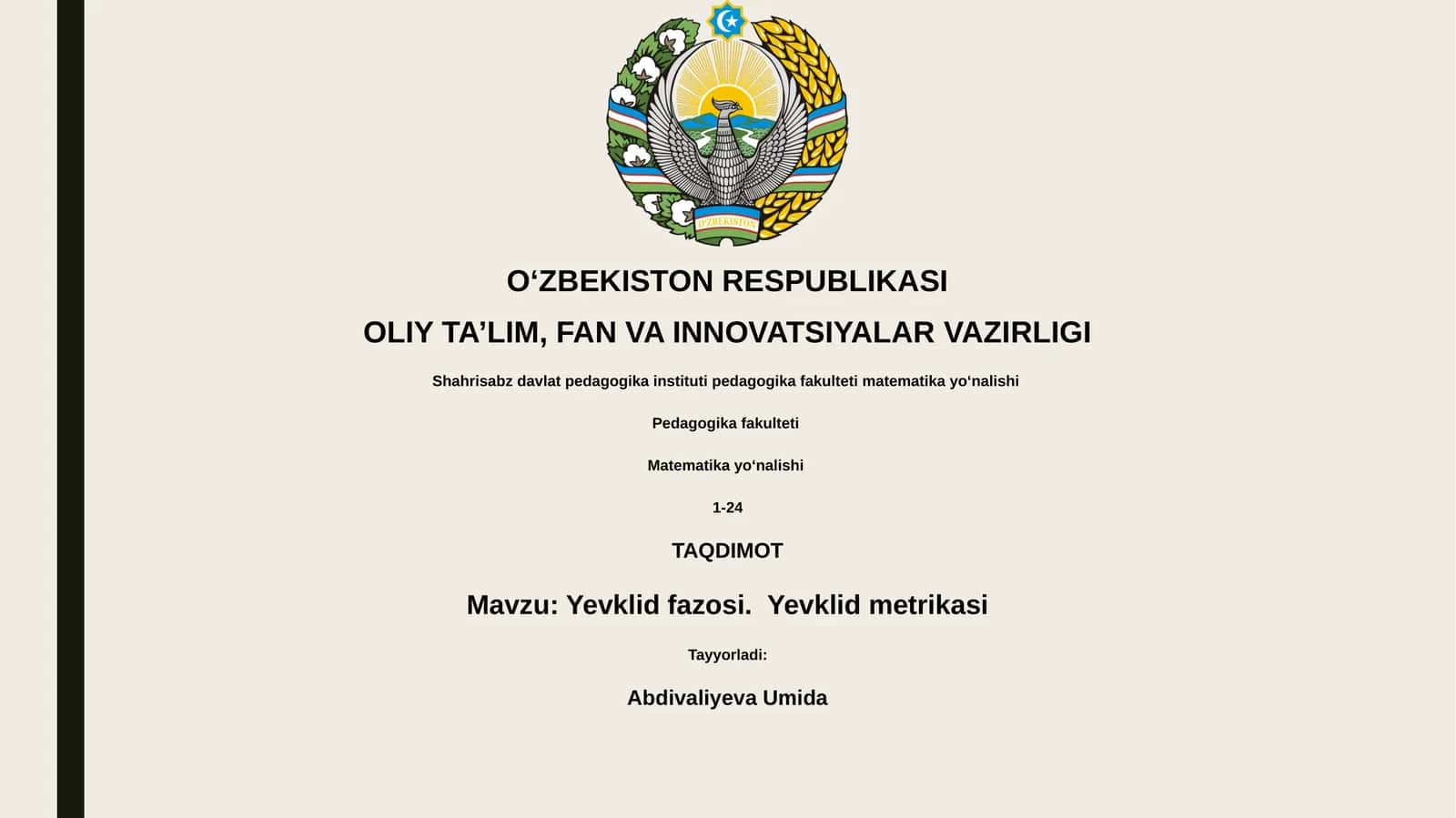 Yevklid fazosi. Yevklid metrikasi