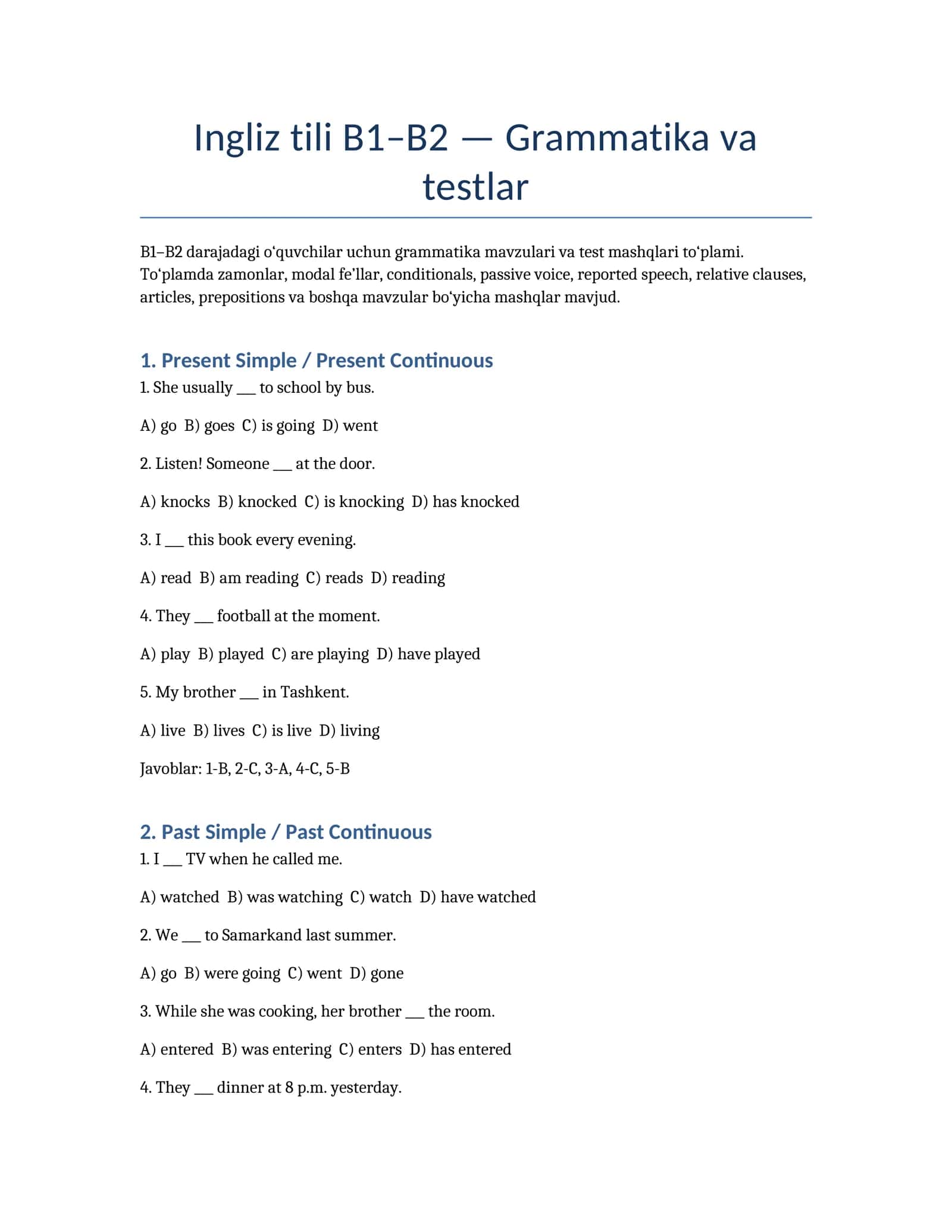 Ingliz tili B1–B2 — Grammatika va testlar