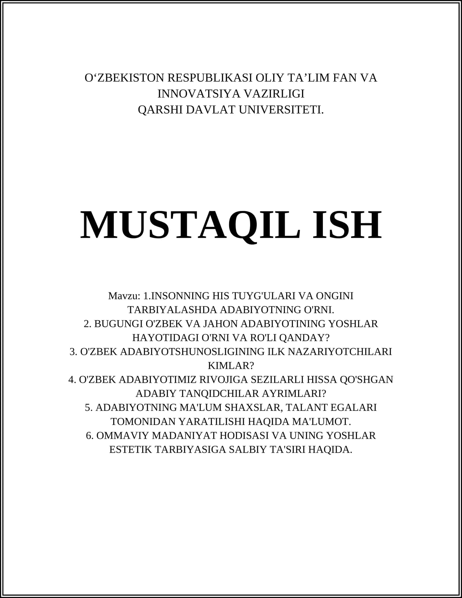 INSONNING HIS TUYG'ULARI VA ONGINI TARBIYALASHDA ADABIYOTNING O'RNI
