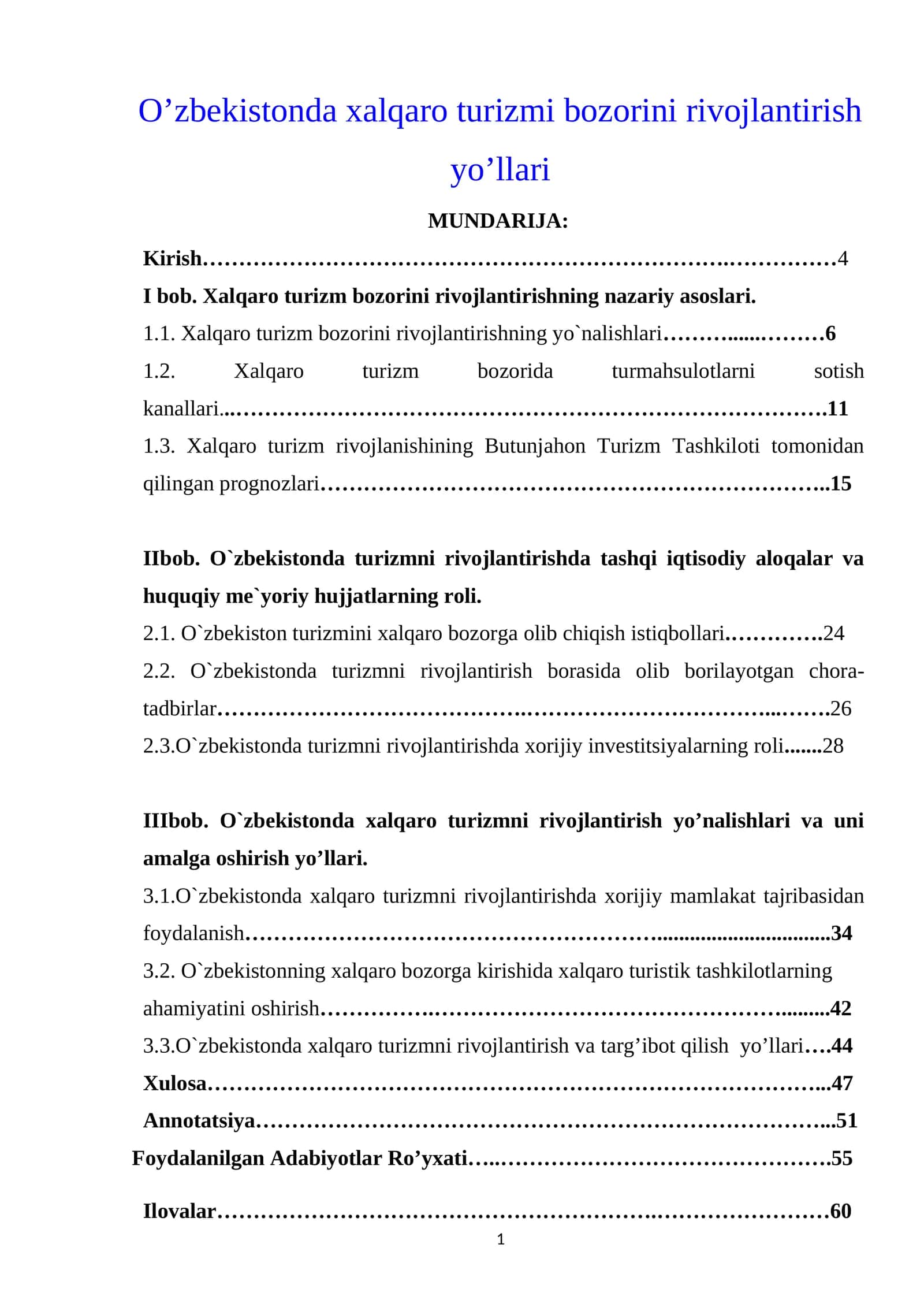 Xalqaro turizmi bozorini rivojlantirish yo’llari