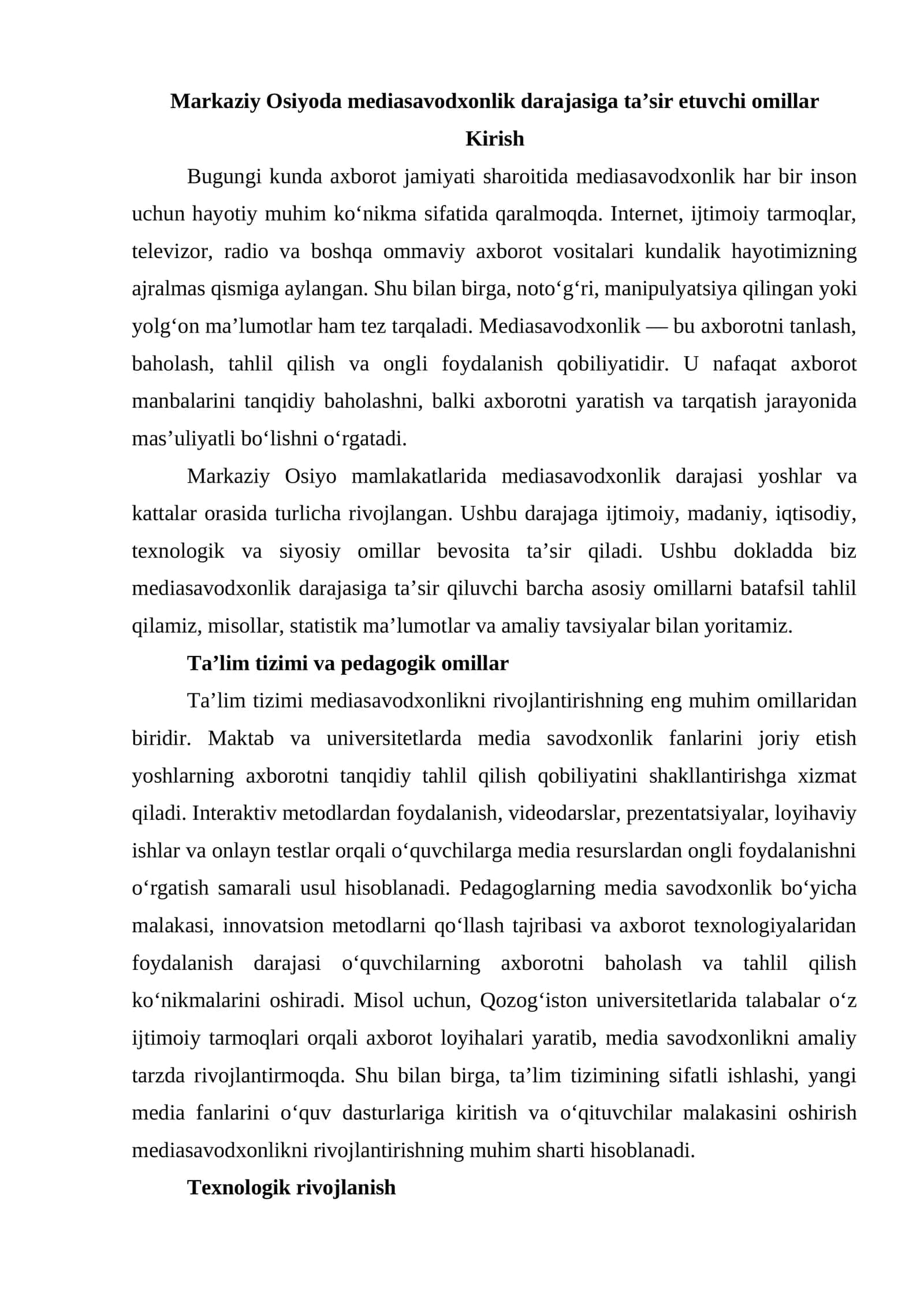 Markaziy Osiyoda mediasavodxonlik darajasiga ta’sir etuvchi omillar