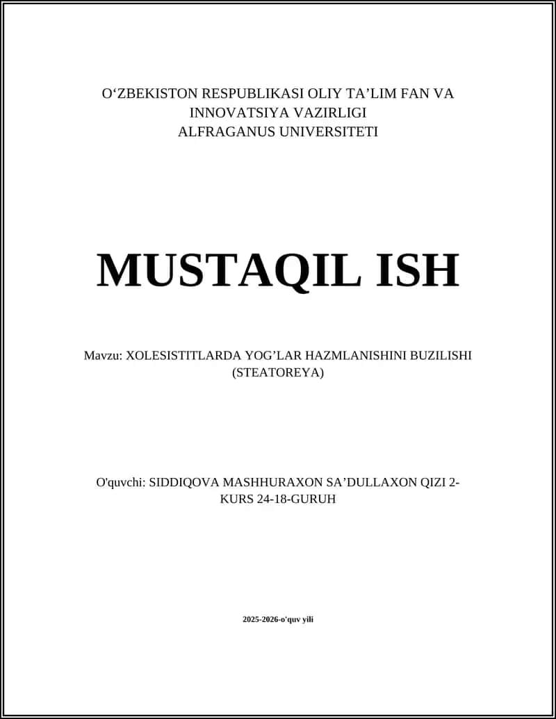 XOLESISTITLARDA YOG’LAR HAZMLANISHINI BUZILISHI (STEATOREYA)