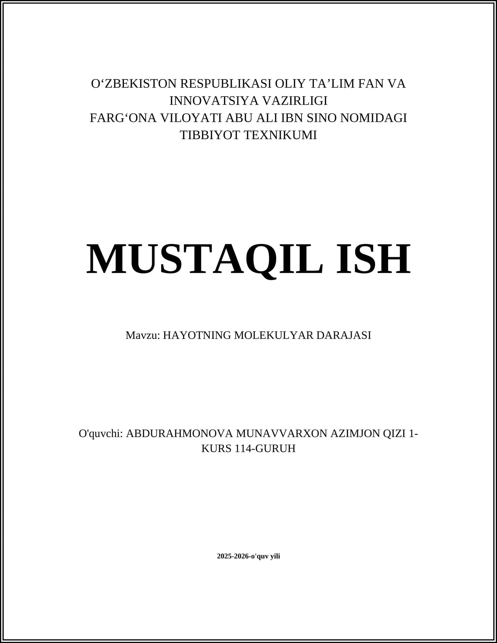 HAYOTNING MOLEKULYAR DARAJASI