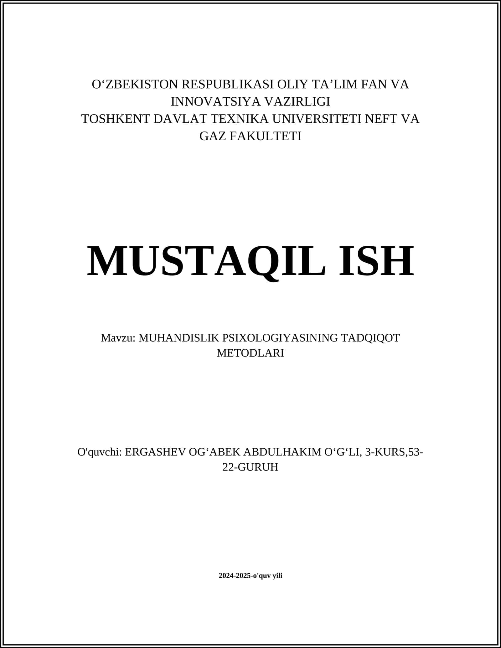 MUHANDISLIK PSIXOLOGIYASINING TADQIQOT METODLARI