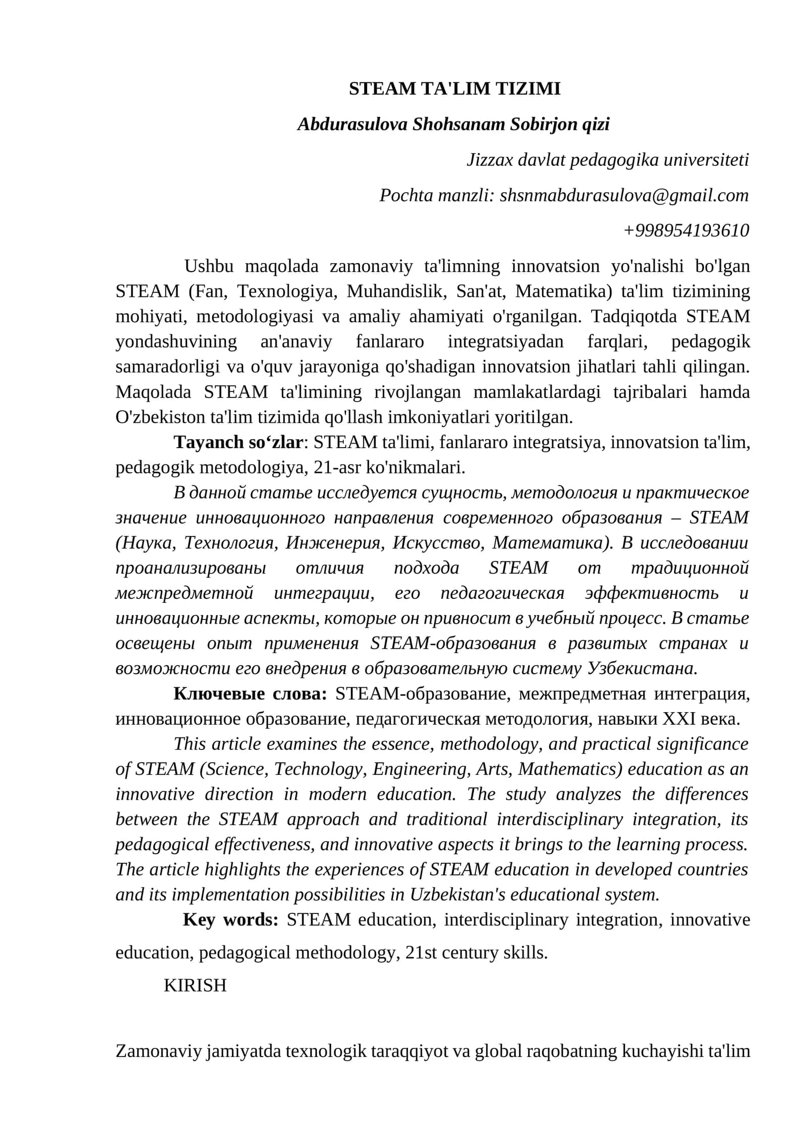 STEAM TA'LIM TIZIMI (STEM Education System)