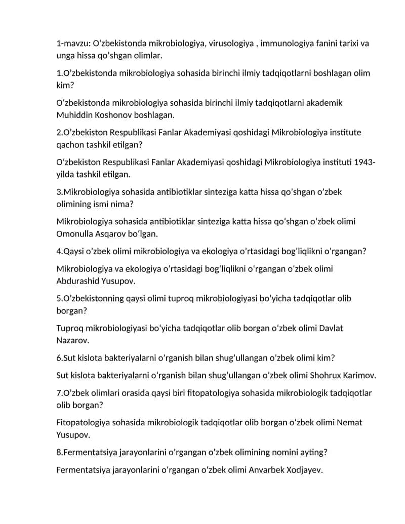 O’zbekistonda mikrobiologiya, virusologiya , immunologiya fanini tarixi va unga hissa qo’shgan oliml