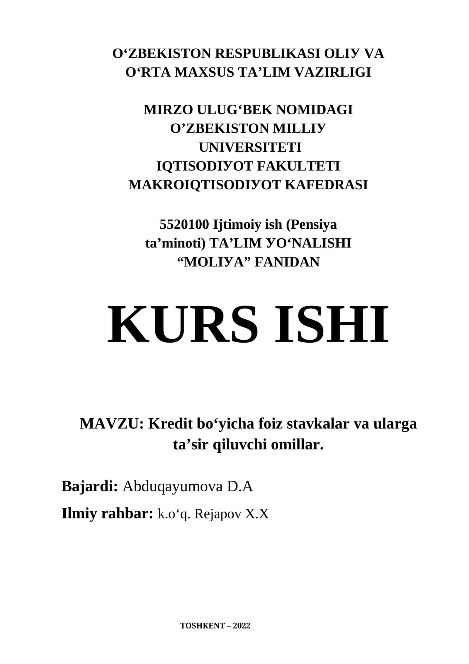 5520100 Ijtimoiy ish (Pensiya toʻminoti) Talim yo'nalishi "Moliya" fanidan KURS ISHI