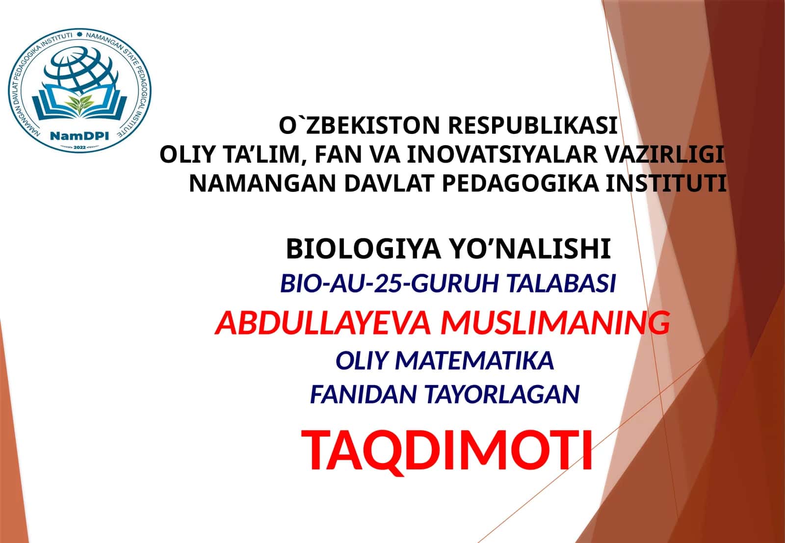 OLIY MATEMATIKA FANIDAN TAYORLAGAN TAQDIMOTI