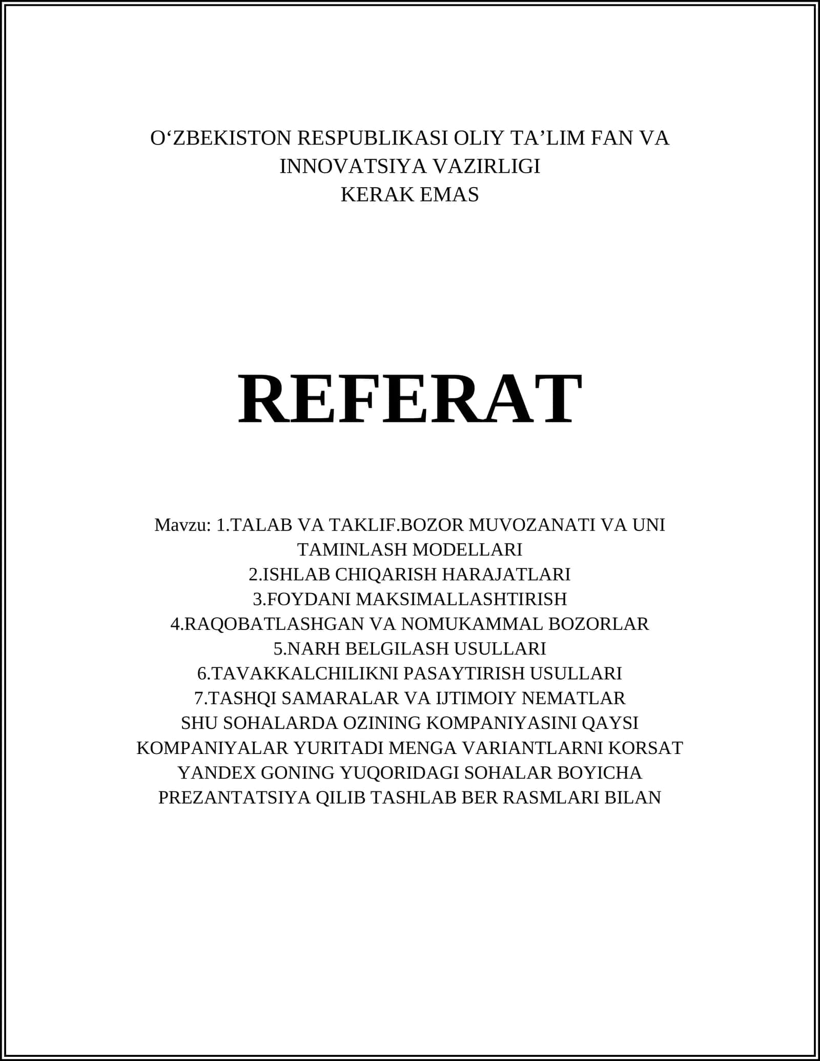 Talab va taklif qonuni hamda bozor muvozanati modeli