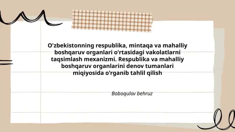 O'zbekistonning respublika, mintaqa va mahalliy boshqaruv organlari o'rtasidagi vakolatlarni taqsimlash mexanizmi