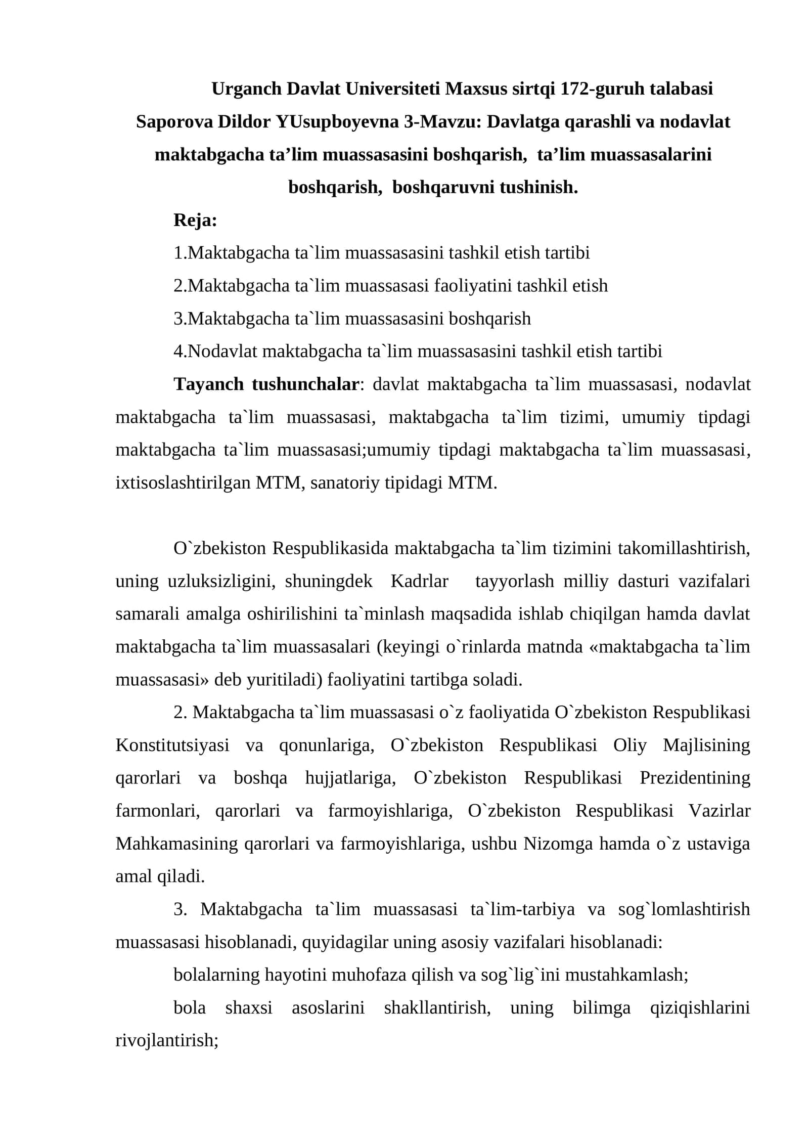 Davlatga qarashli va nodavlat maktabgacha ta'lim muassasasini boshqarish