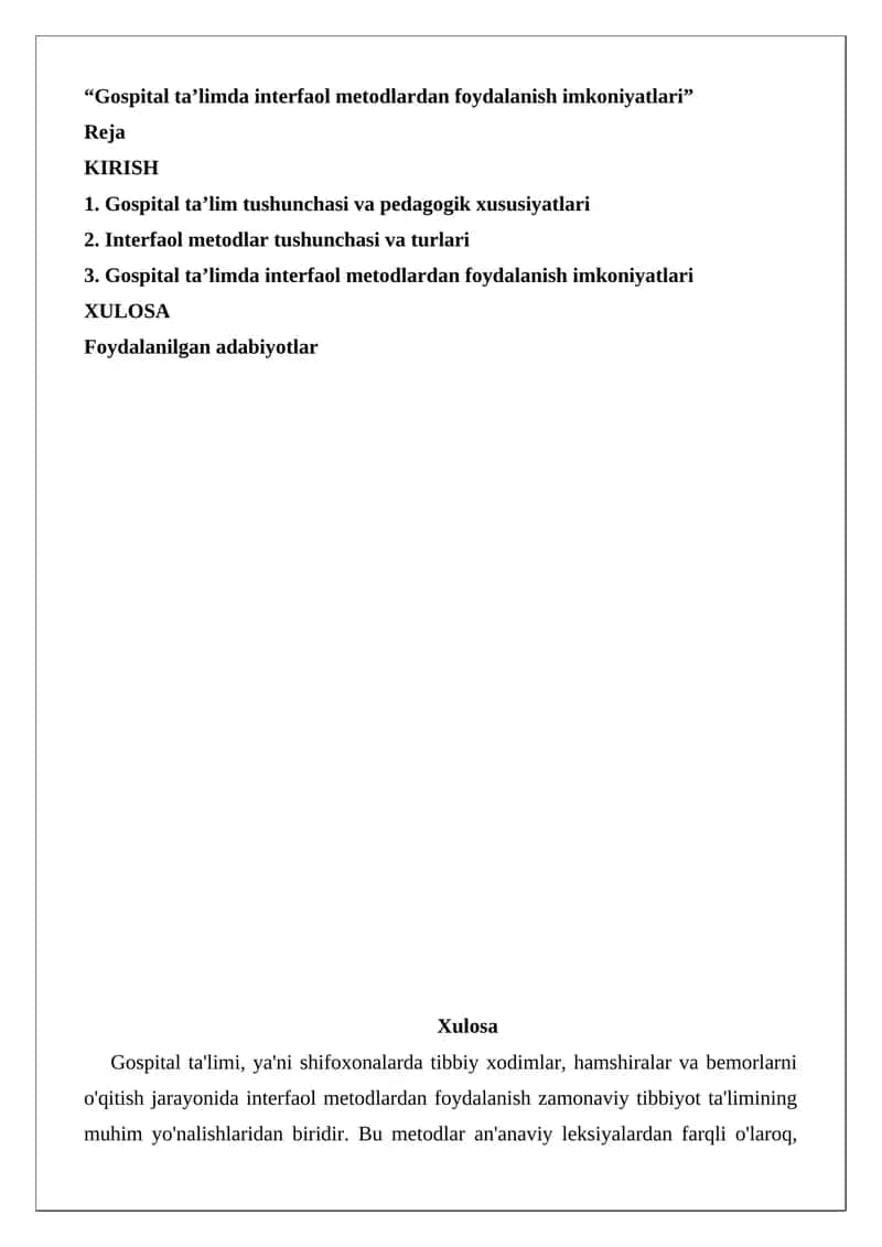 Gospital ta’limda interfaol metodlardan foydalanish imkoniyatlari