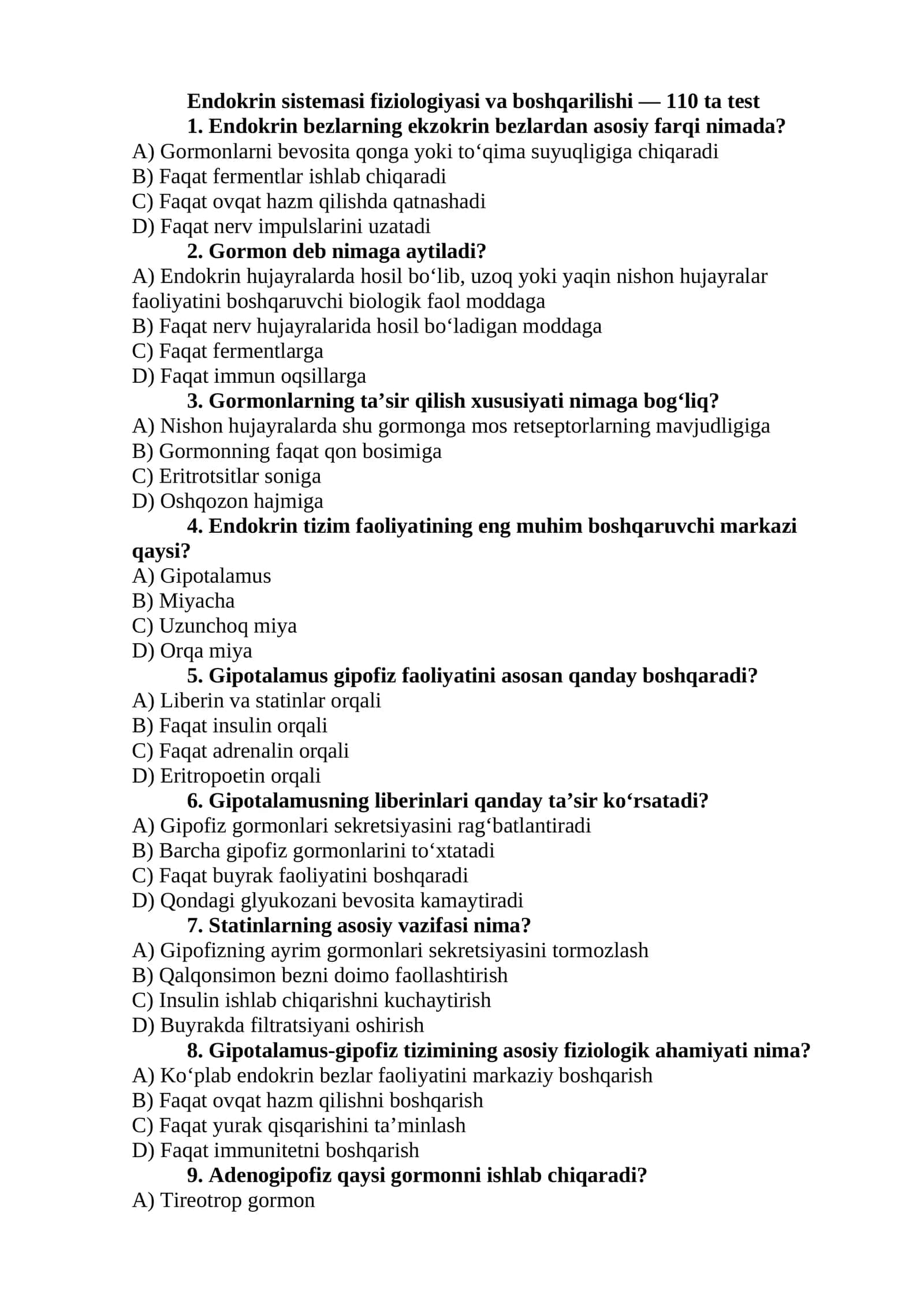 Endokrin sistemasi fiziologiyasi va boshqarilishi — 110 ta test