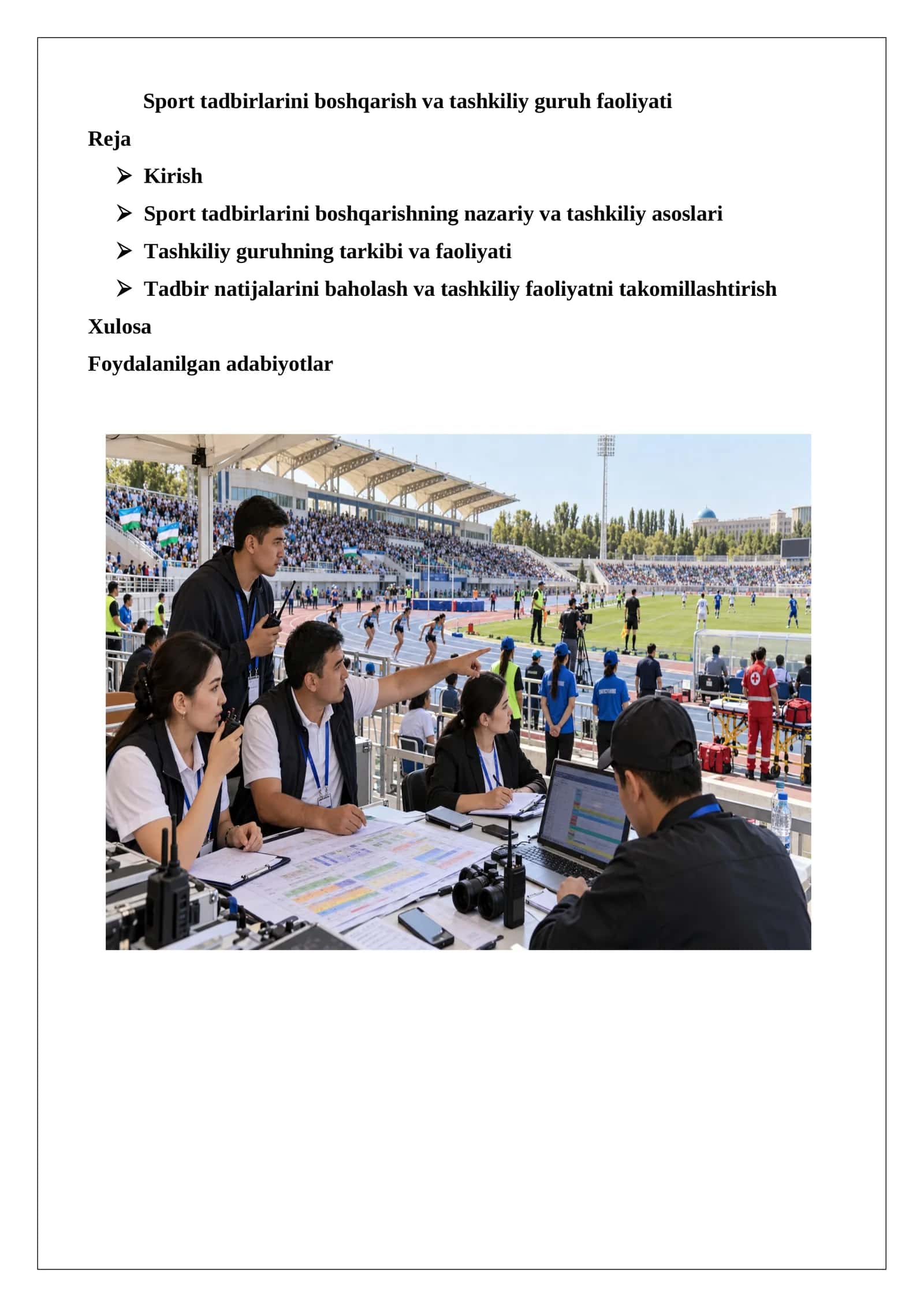 Sport tadbirlarini boshqarish va tashkiliy guruh faoliyati