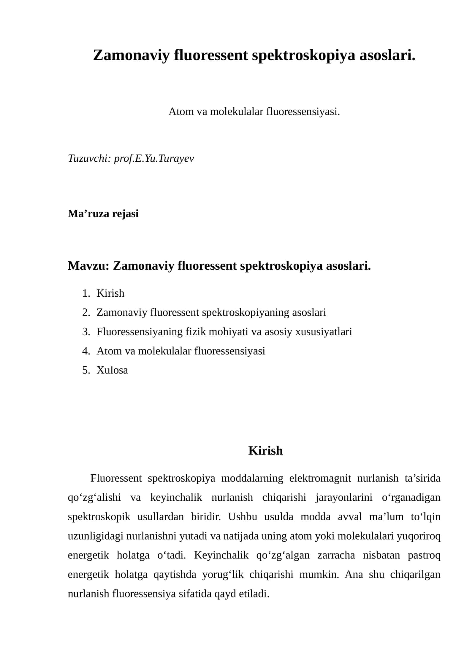 Zamonaviy fluoressent spektroskopiya asoslari