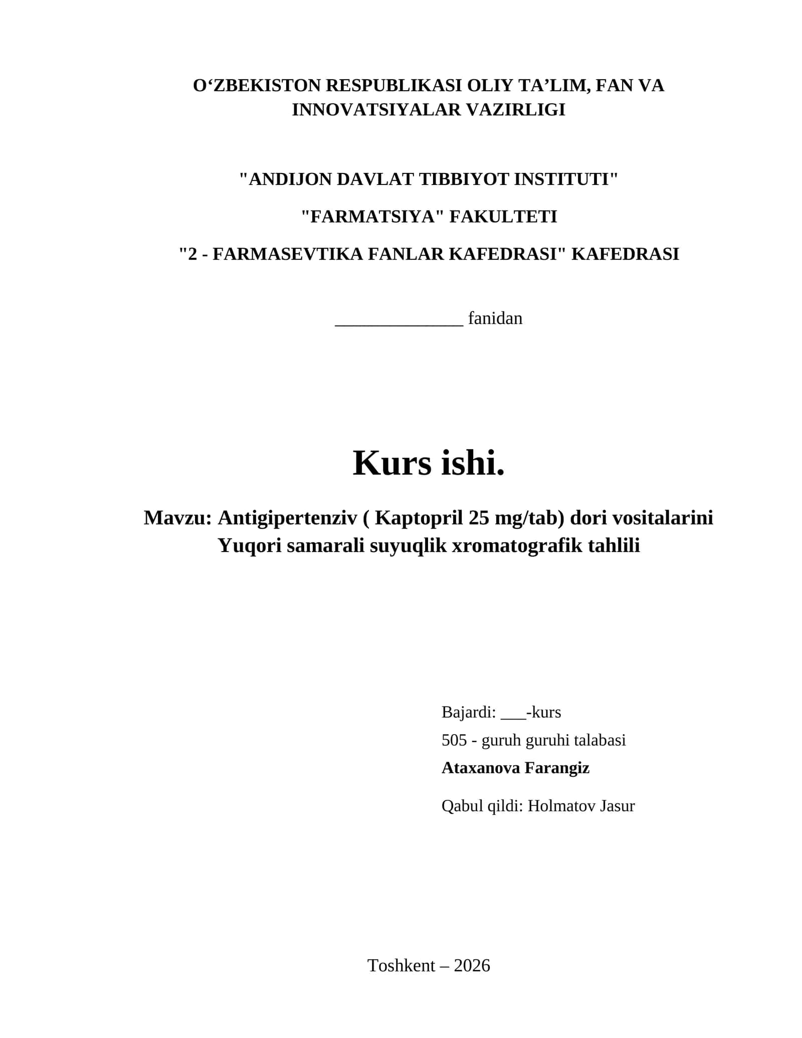 Antigipertenziv ( Kaptopril 25 mg/tab) dori vositalarini Yuqori samarali suyuqlik xromatografik tahlili
