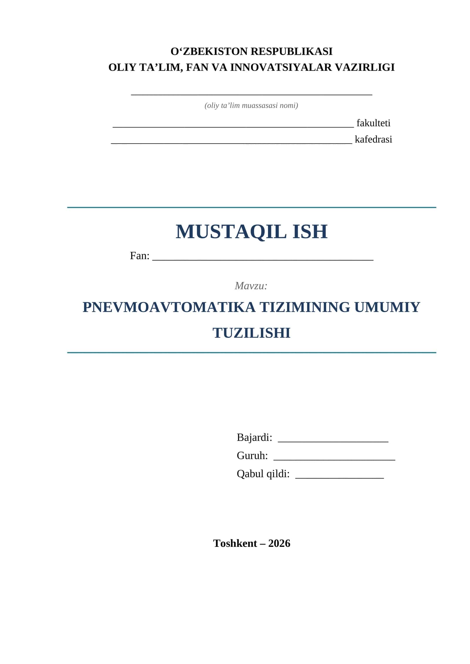 Pnevmoavtomatika tizimining umumiy tuzilishi