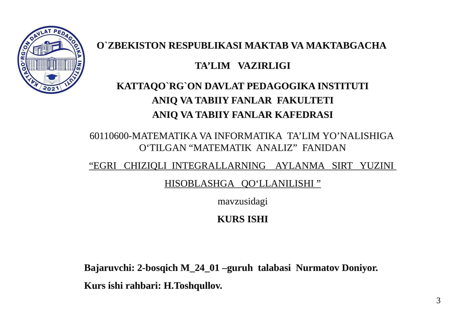 "EGRI CHIZIQLI INTEGRALLARNING AYLANMA SIRT YUZINI HISOBLASHGA QO‘LLANILISHI "