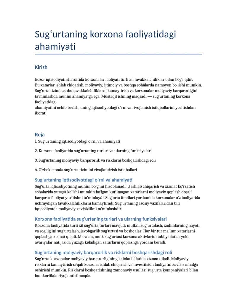 Sug‘urtaning korxona faoliyatidagi ahamiyati
