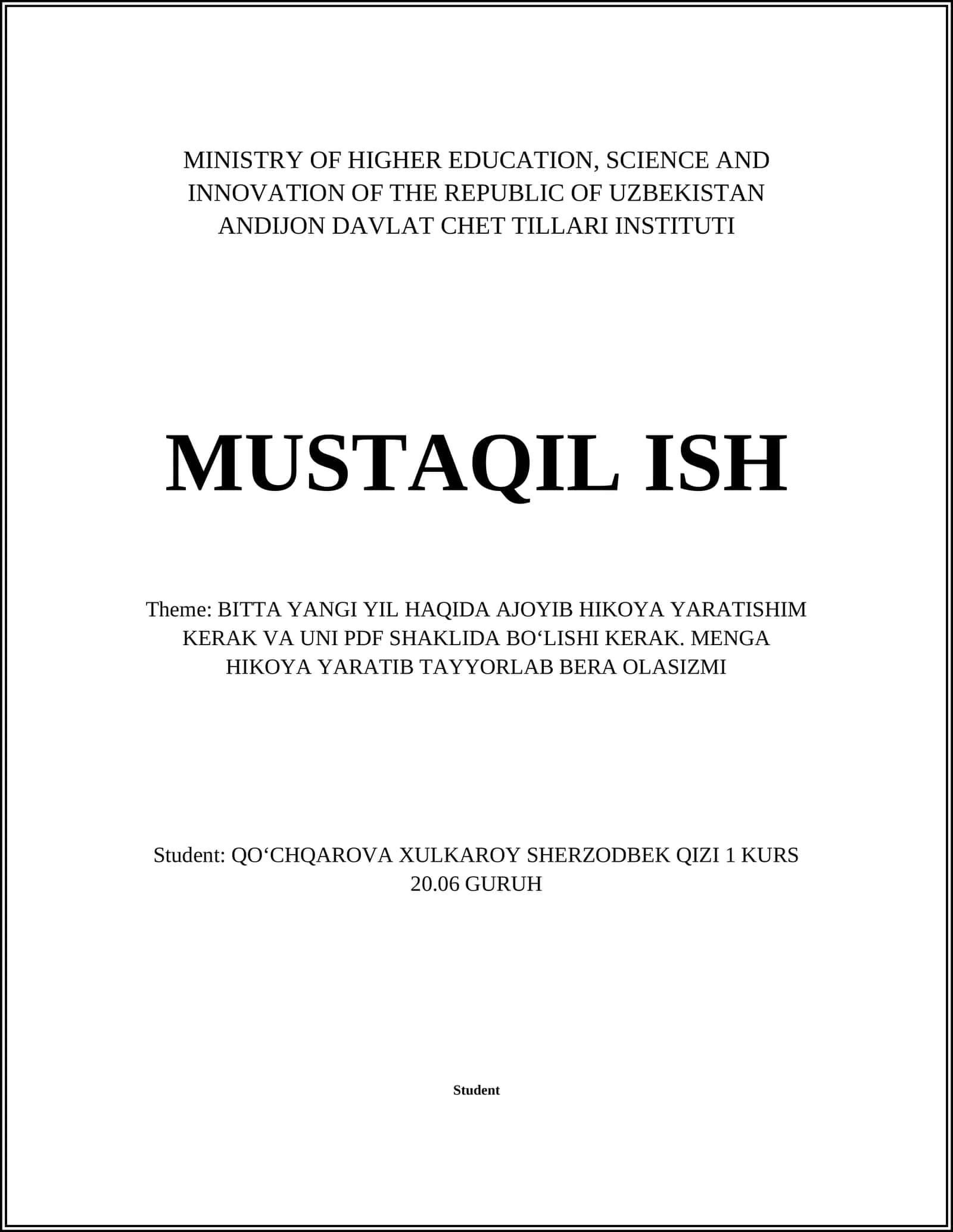 BITTA YANGI YIL HAQIDA AJOYIB HIKOYA YARATISHIM KERAK VA UNI PDF SHAKLIDA BOʻLISHI KERAK