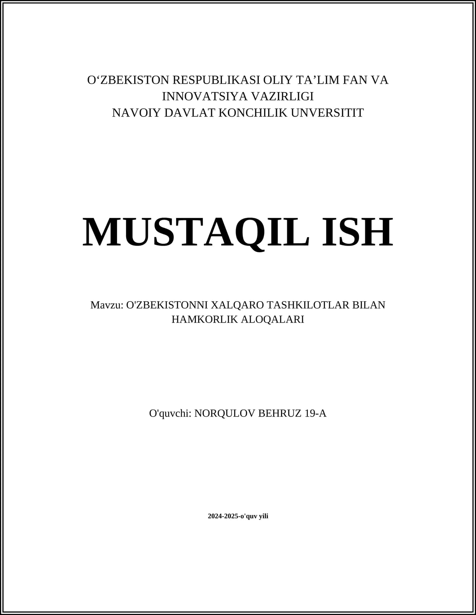 O'ZBEKISTONNI XALQARO TASHKILOTLAR BILAN HAMKORLIK ALOQALARI