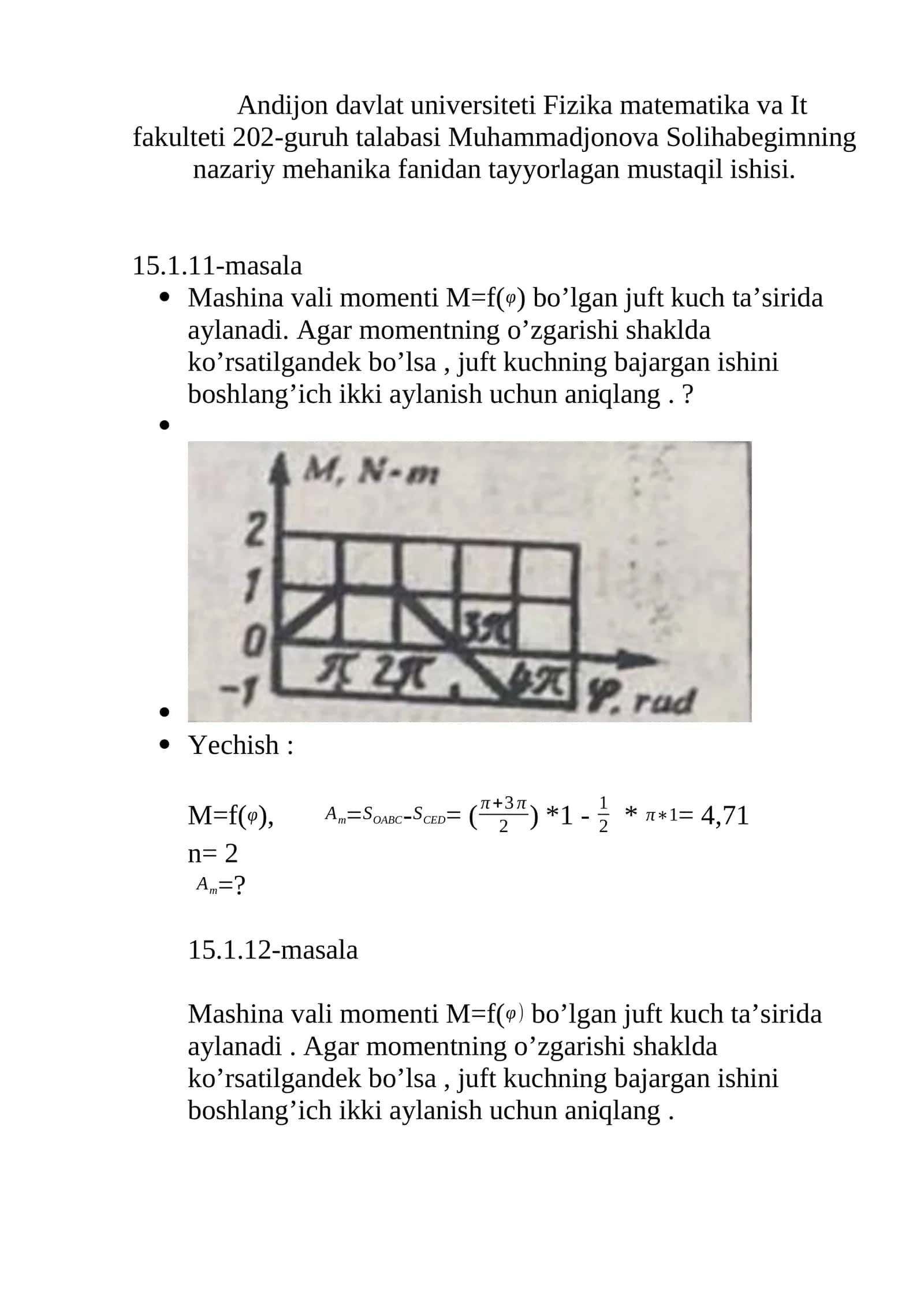 Nazariy mehanika fanidan tayyorlagan mustaqil ishisi