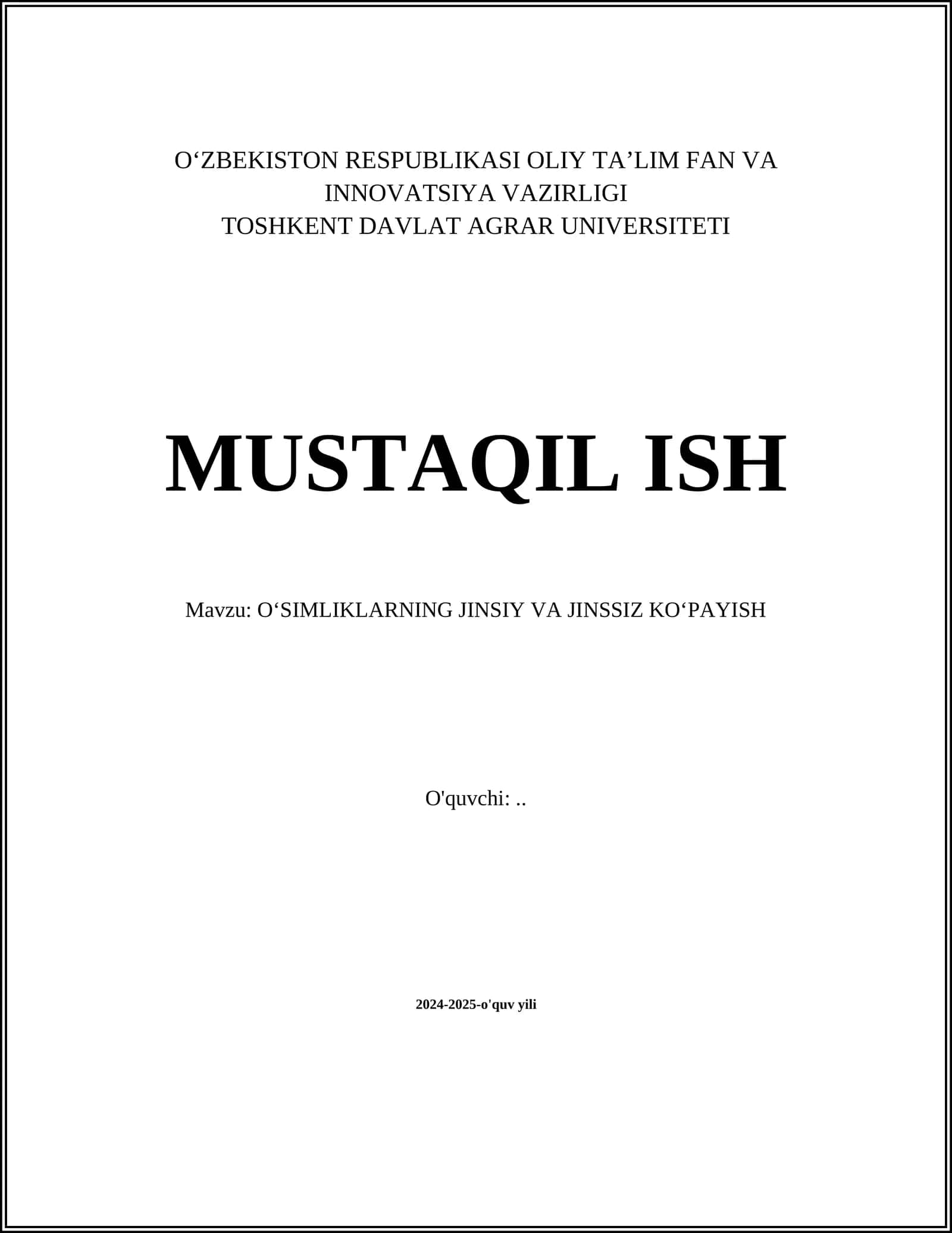 OʻSIMLIKLARNING JINSIY VA JINSSIZ KOʻPAYISH