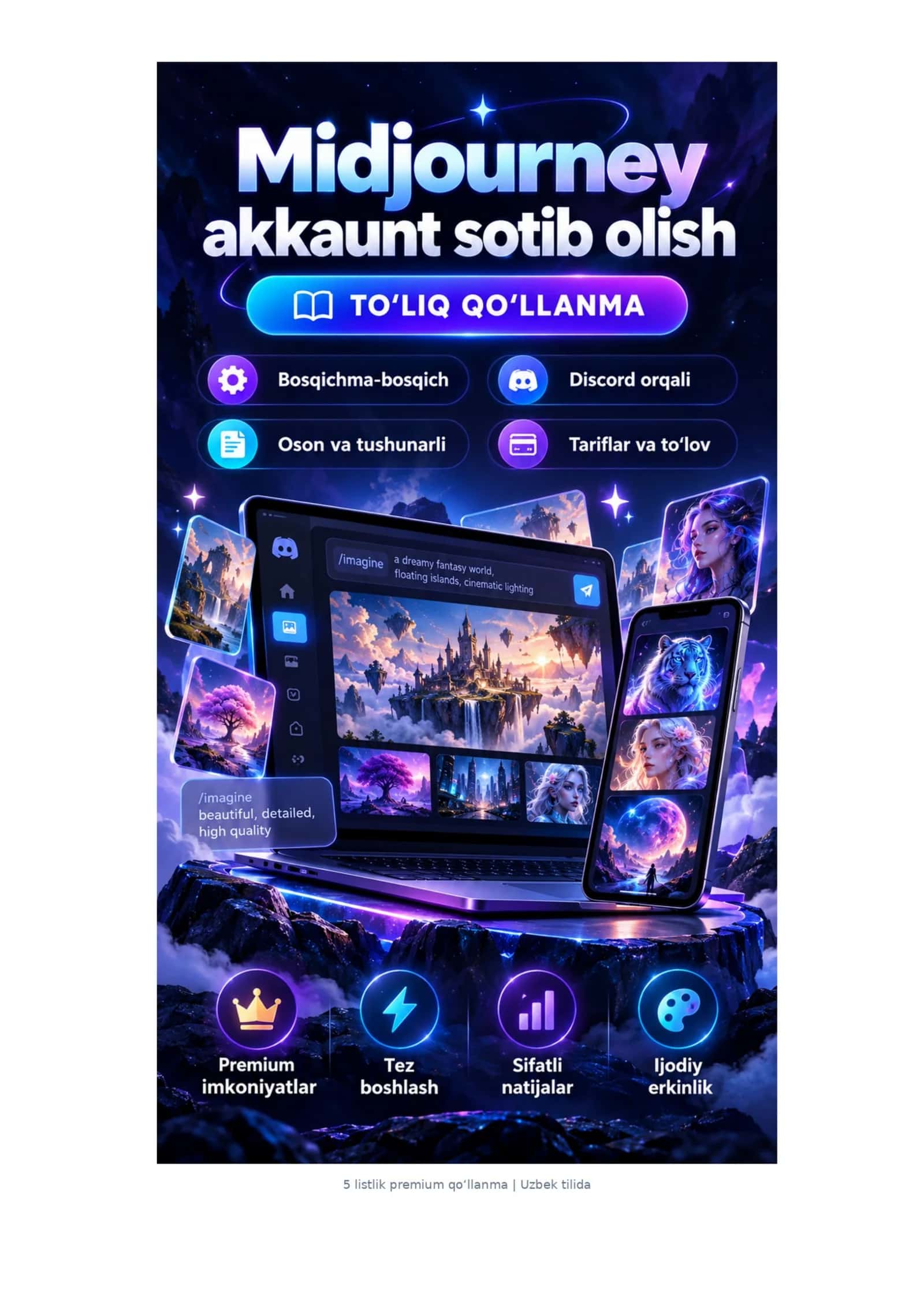 🎨🤖 MIDJOURNEY AKKAUNT SOTIB OLISH | 💎 PREMIUM OBUNA | 📘 5 SAHIFALIK TO‘LIQ QO‘LLANMA 🚀✨