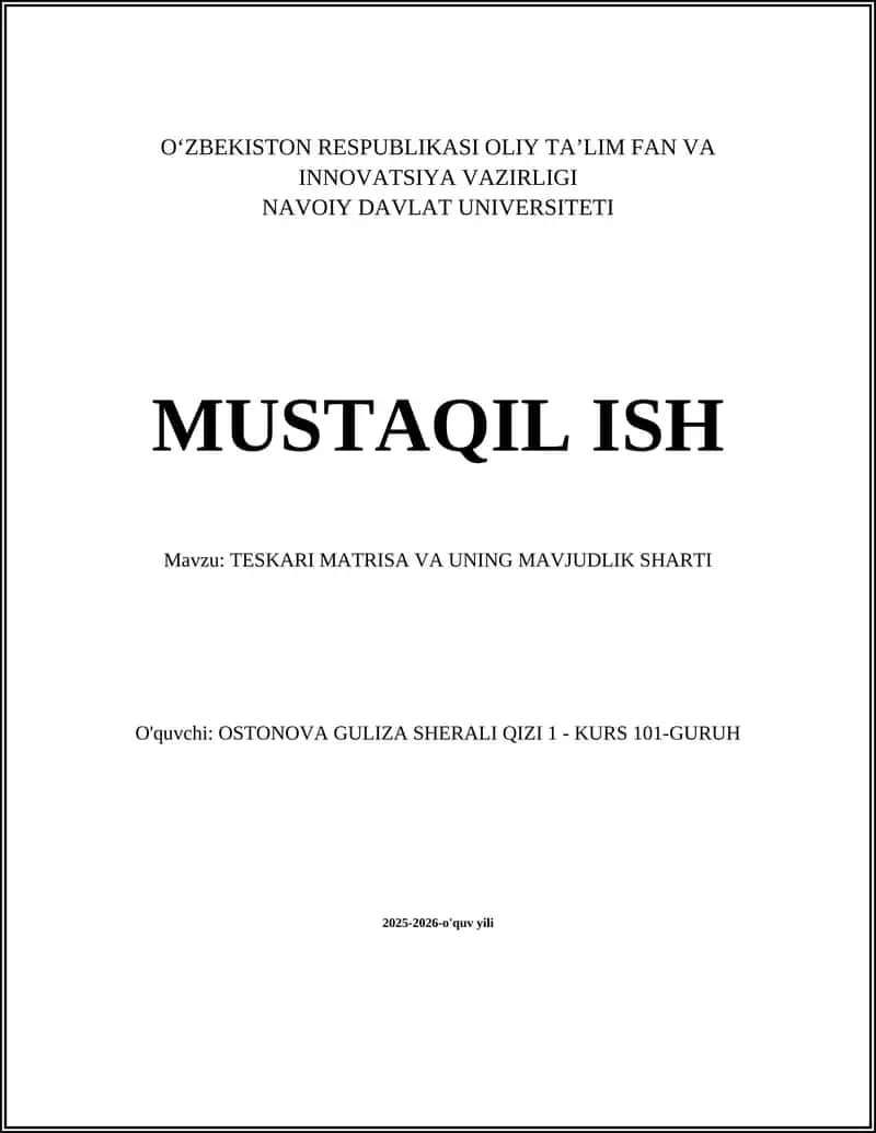 TESKARI MATRISA VA UNING MAVJUDLIK SHARTI