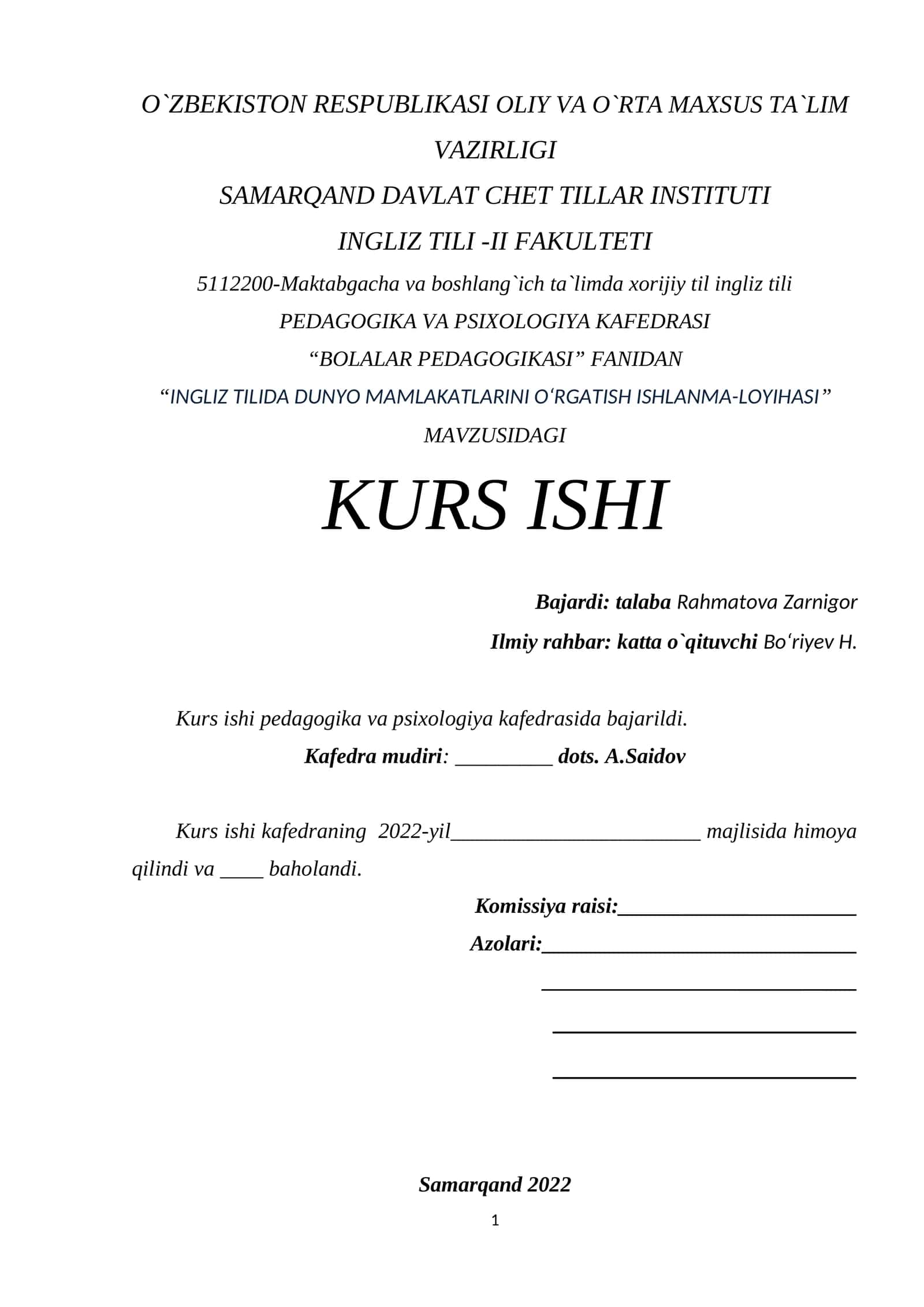 KURS ISHI: "INGLIZ TILIDA DUNYO MAMLAKATLARINI O‘RGATISH ISHLANMA-LOYIHASI"
