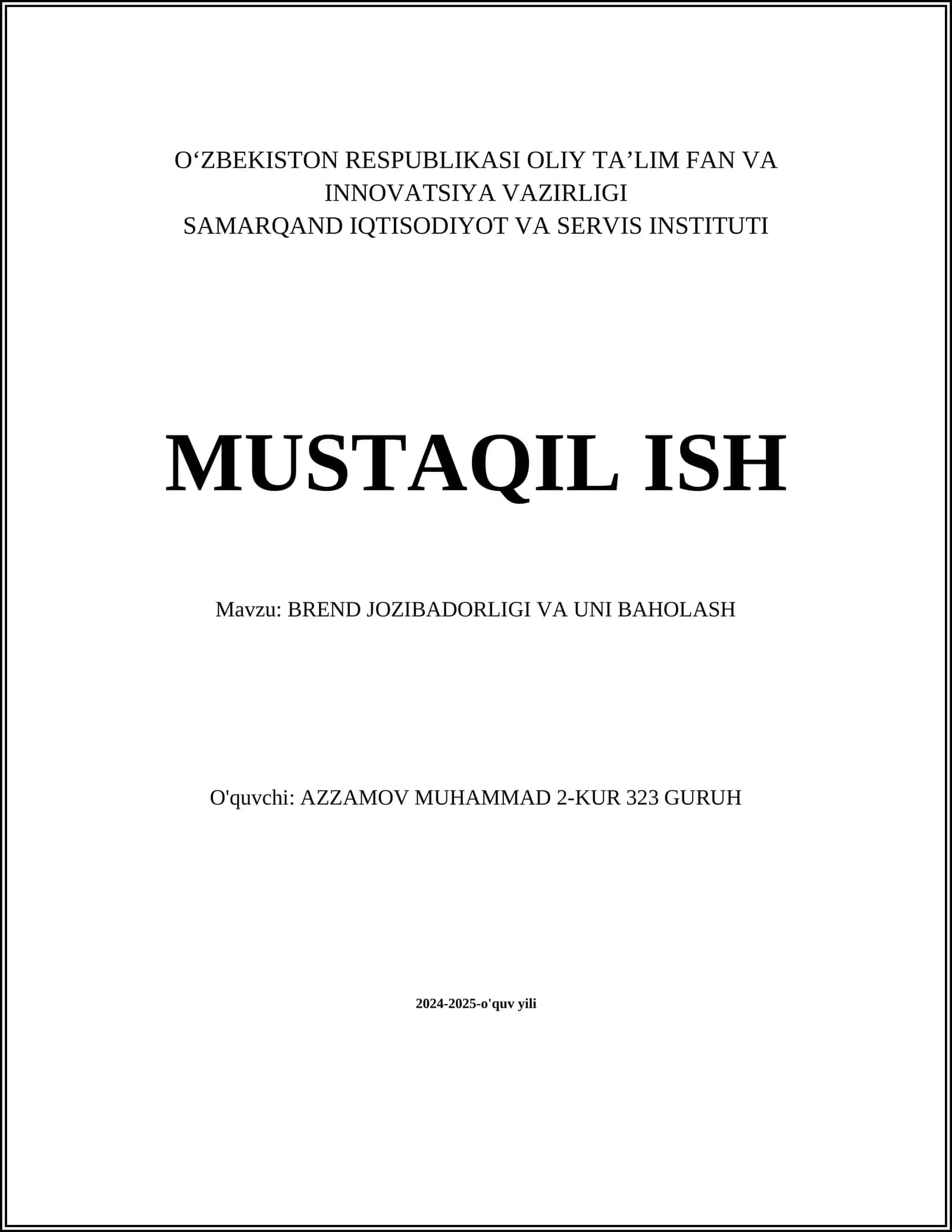 BREND JOZIBADORLIGI VA UNI BAHOLASH
