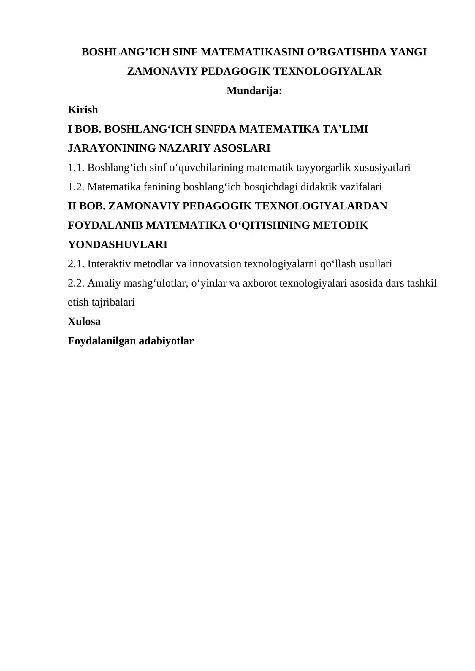 BOSHLANG’ICH SINF MATEMATIKASINI O’RGATISHDA YANGI ZAMONAVIY PEDAGOGIK TEXNOLOGIYALAR