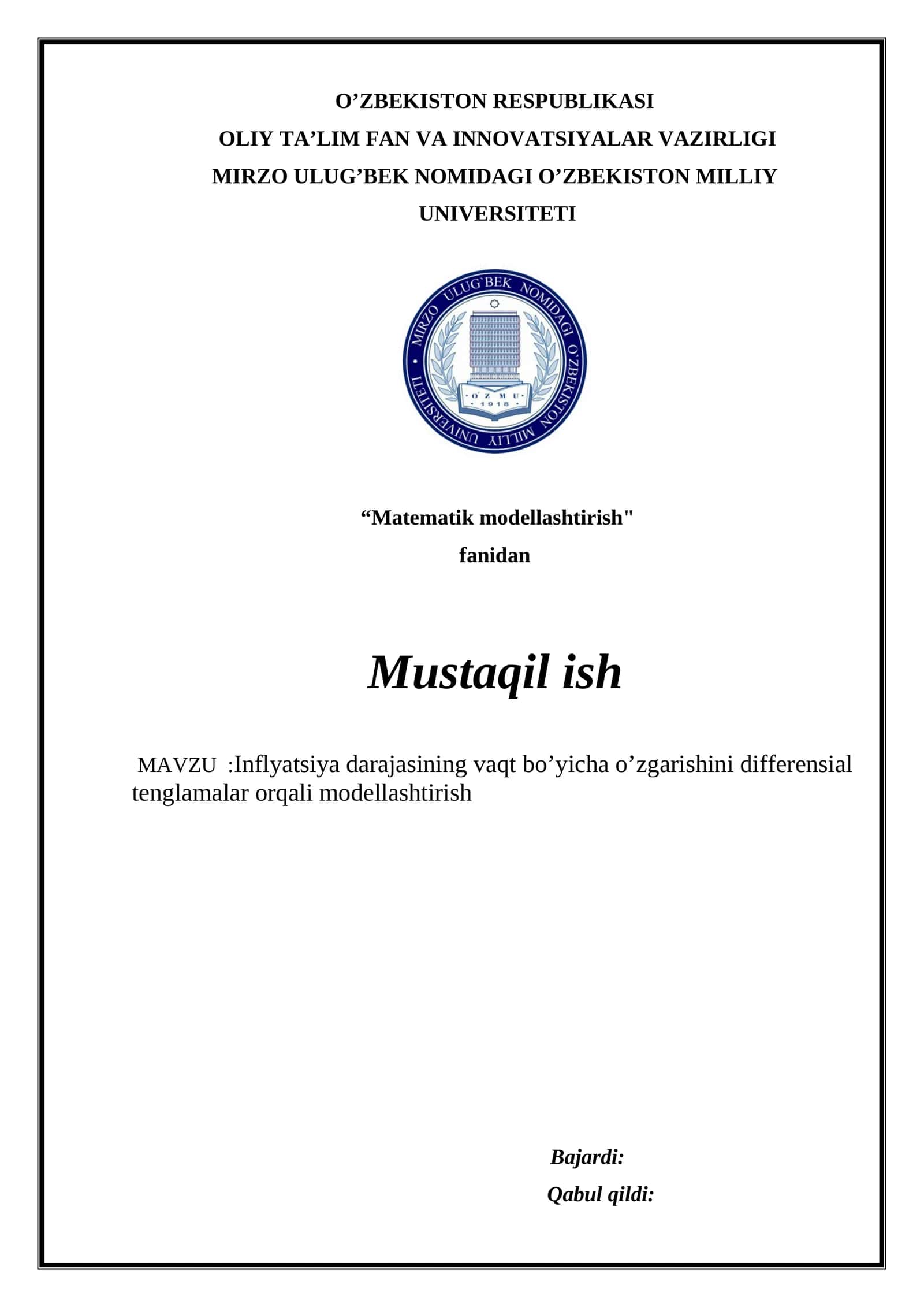 “Matematik modellashtirish" fanidan Mustaqil ish