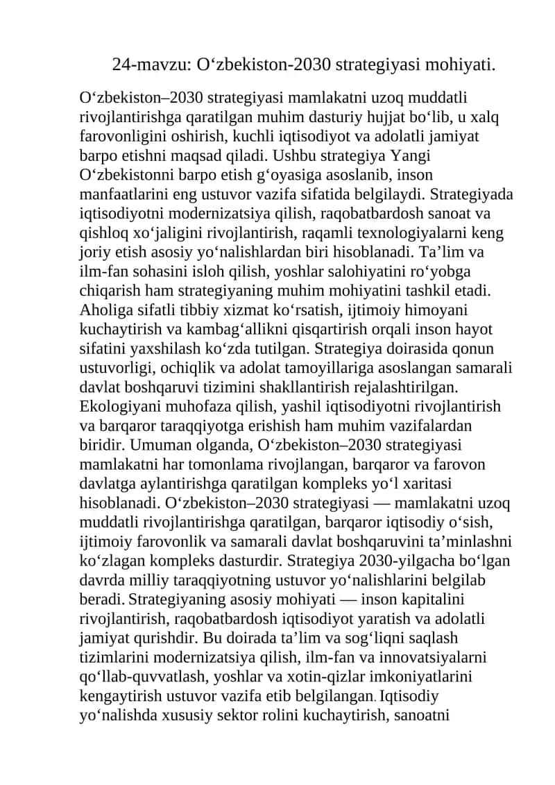 O‘zbekiston-2030 strategiyasi mohiyati.