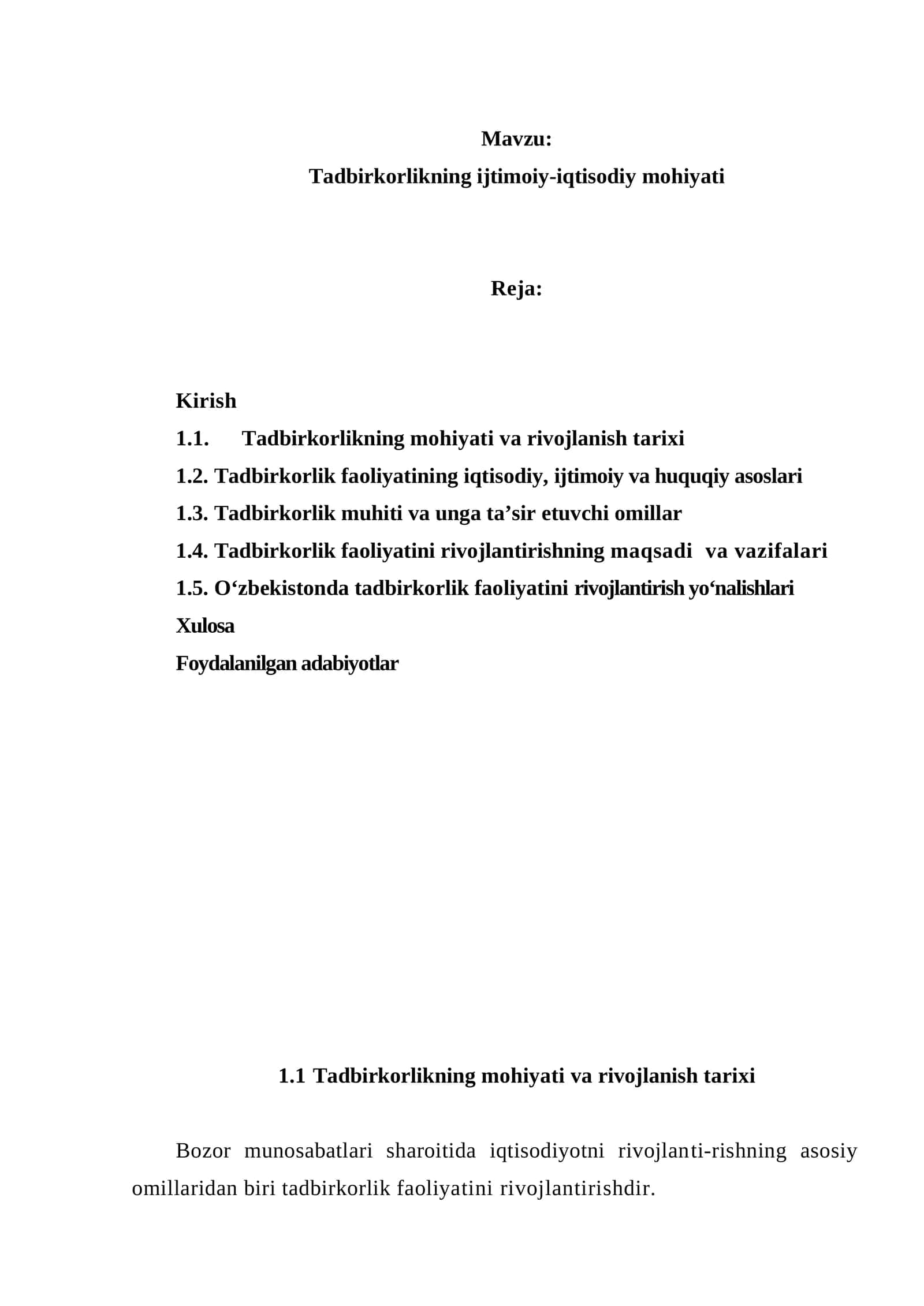 Tadbirkorlikning ijtimoiy-iqtisodiy mohiyati