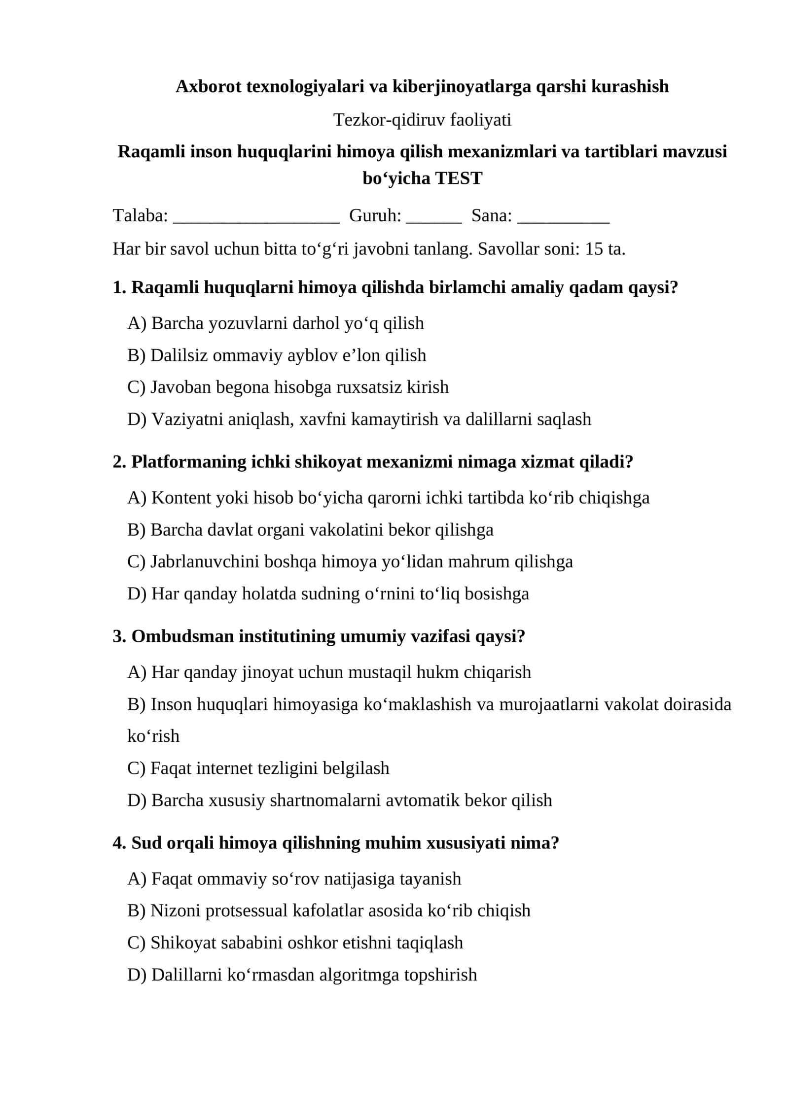 Raqamli inson huquqlarini himoya qilish mexanizmlari va tartiblari TEST