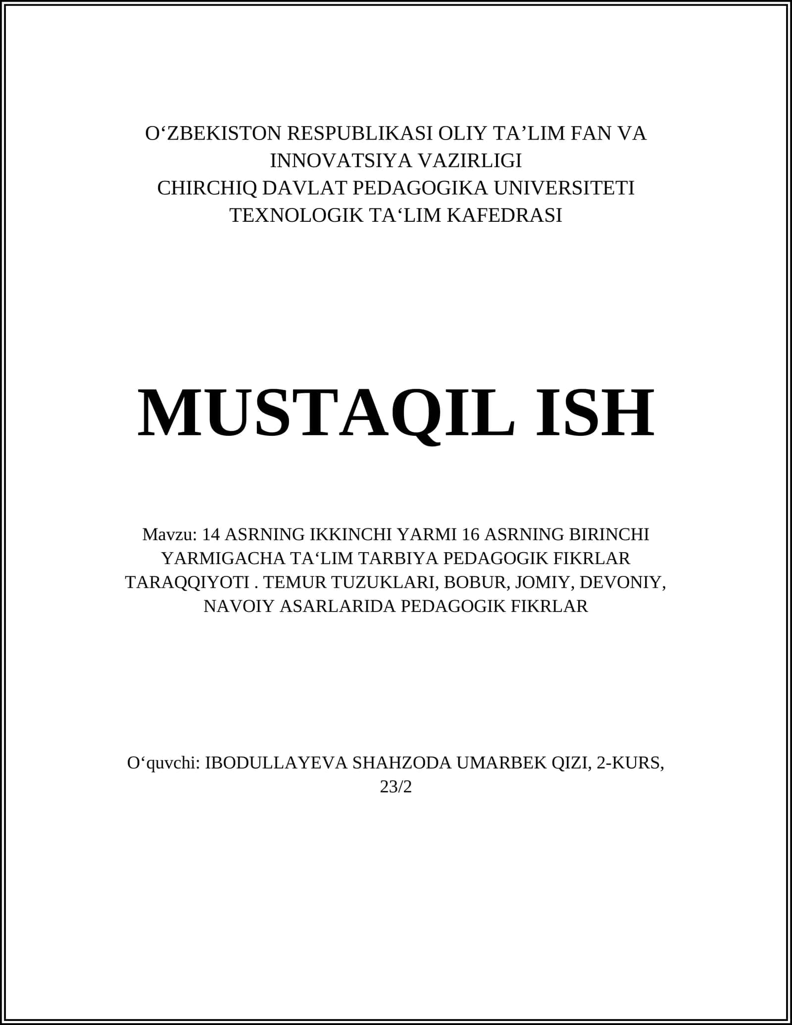 Temur Tuzuklari va Undagi Ta'lim-Tarbiya G'oyalari
