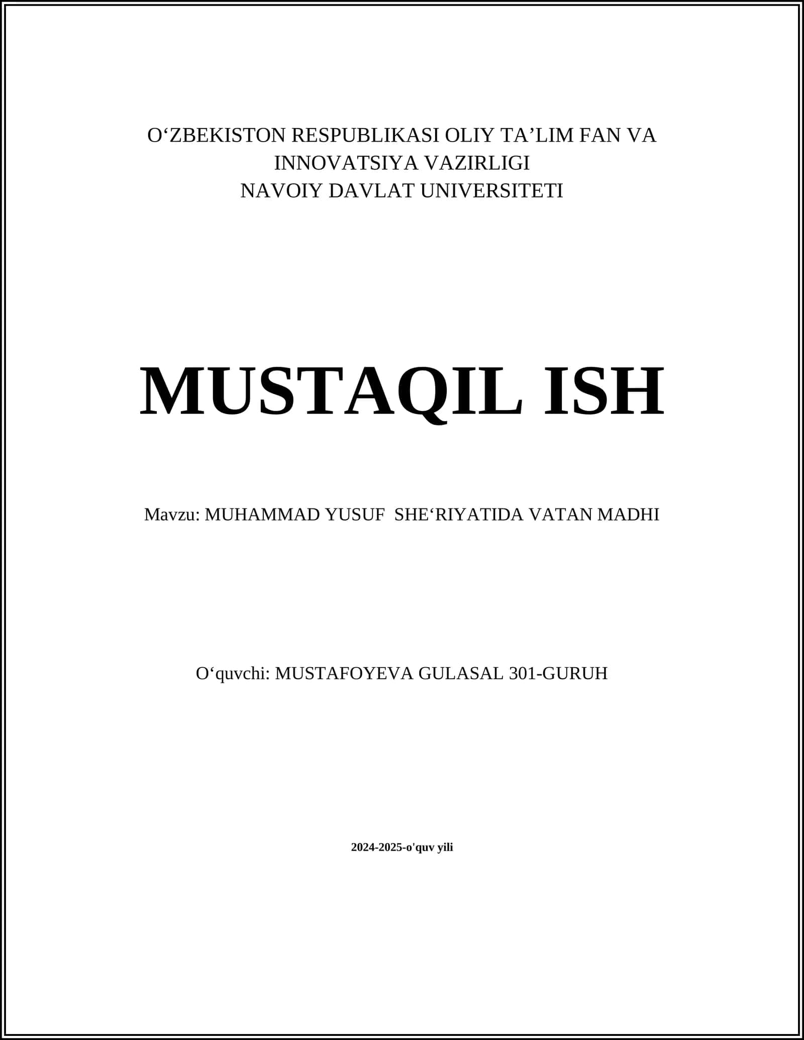 MUHAMMAD YUSUF SHE‘RIYATIDA VATAN MADHI