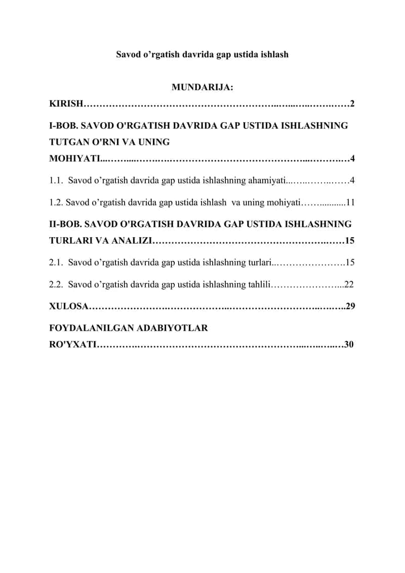 Savod o’rgatish davrida gap ustida ishlash
