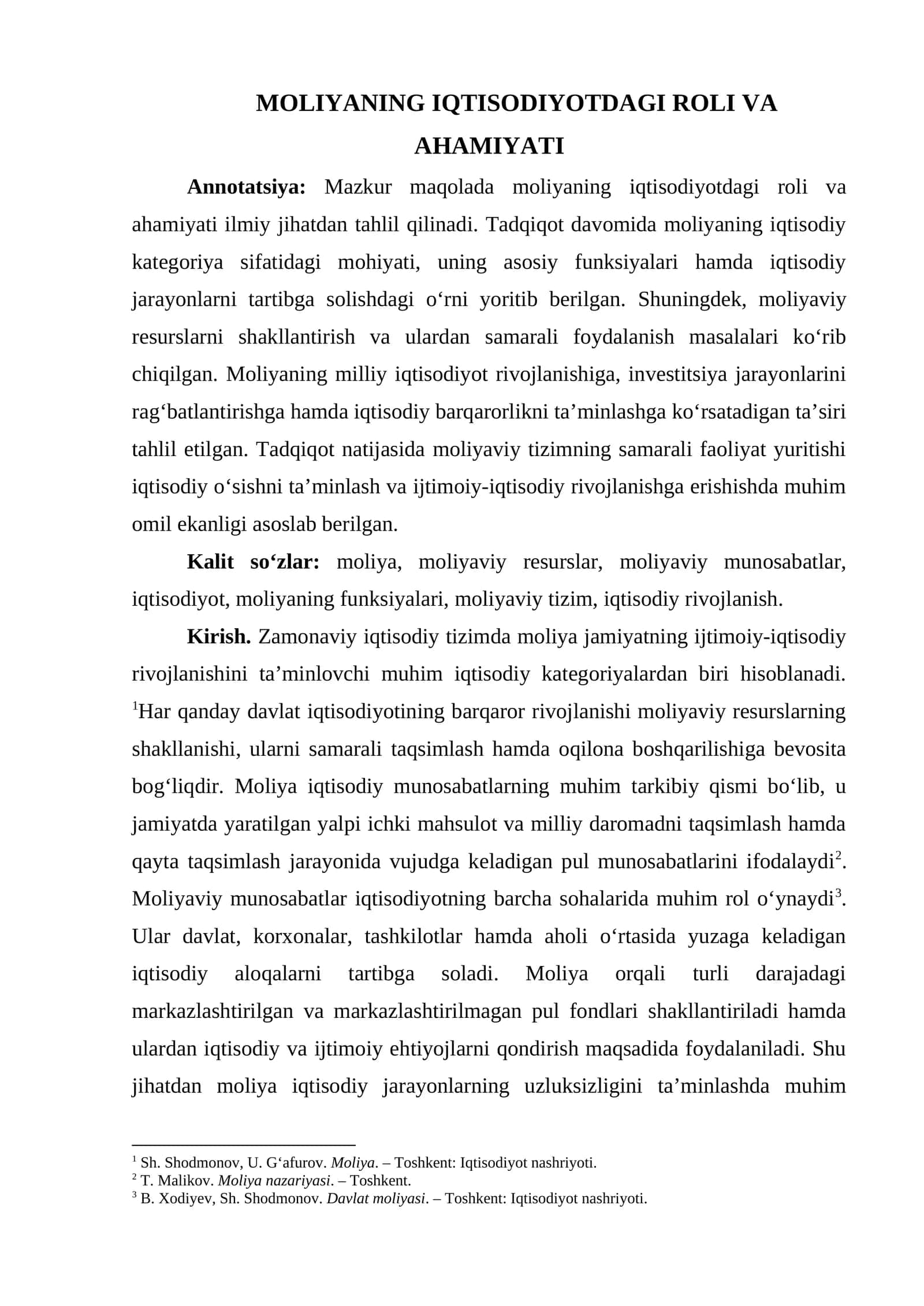 MOLIYANING IQTISODIYOTDAGI ROLI VA AHAMIYATI