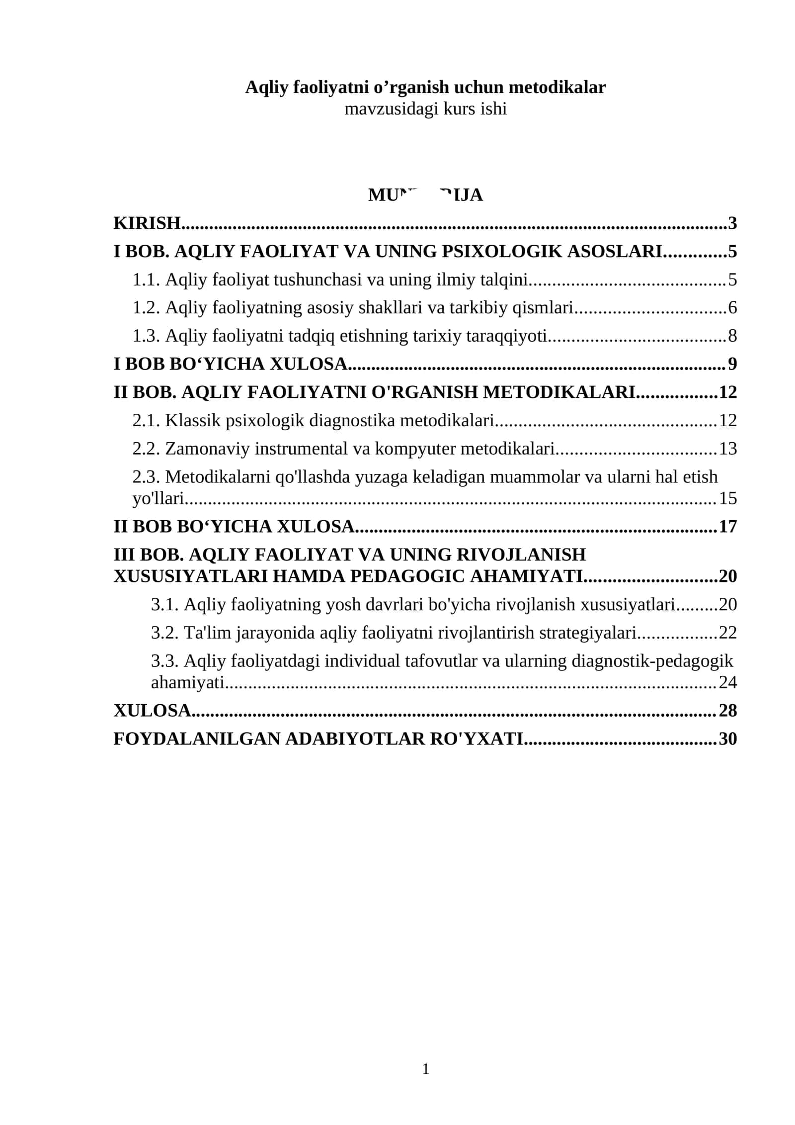 Aqliy faoliyatni o’rganish uchun metodikalar mavzusidagi kurs ishi