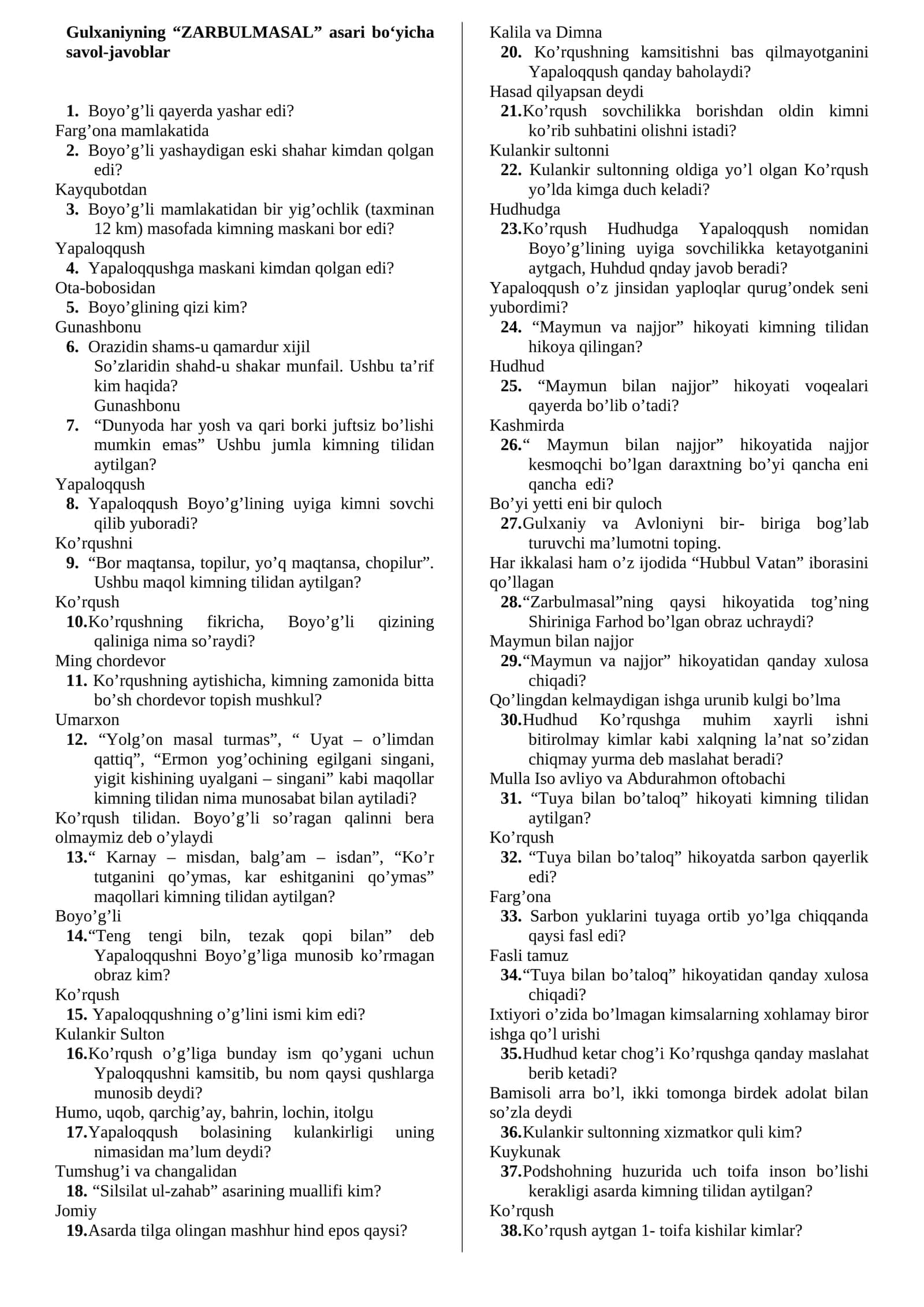 Gulxaniyning “ZARBULMASAL” asari bo‘yicha savol-javoblar