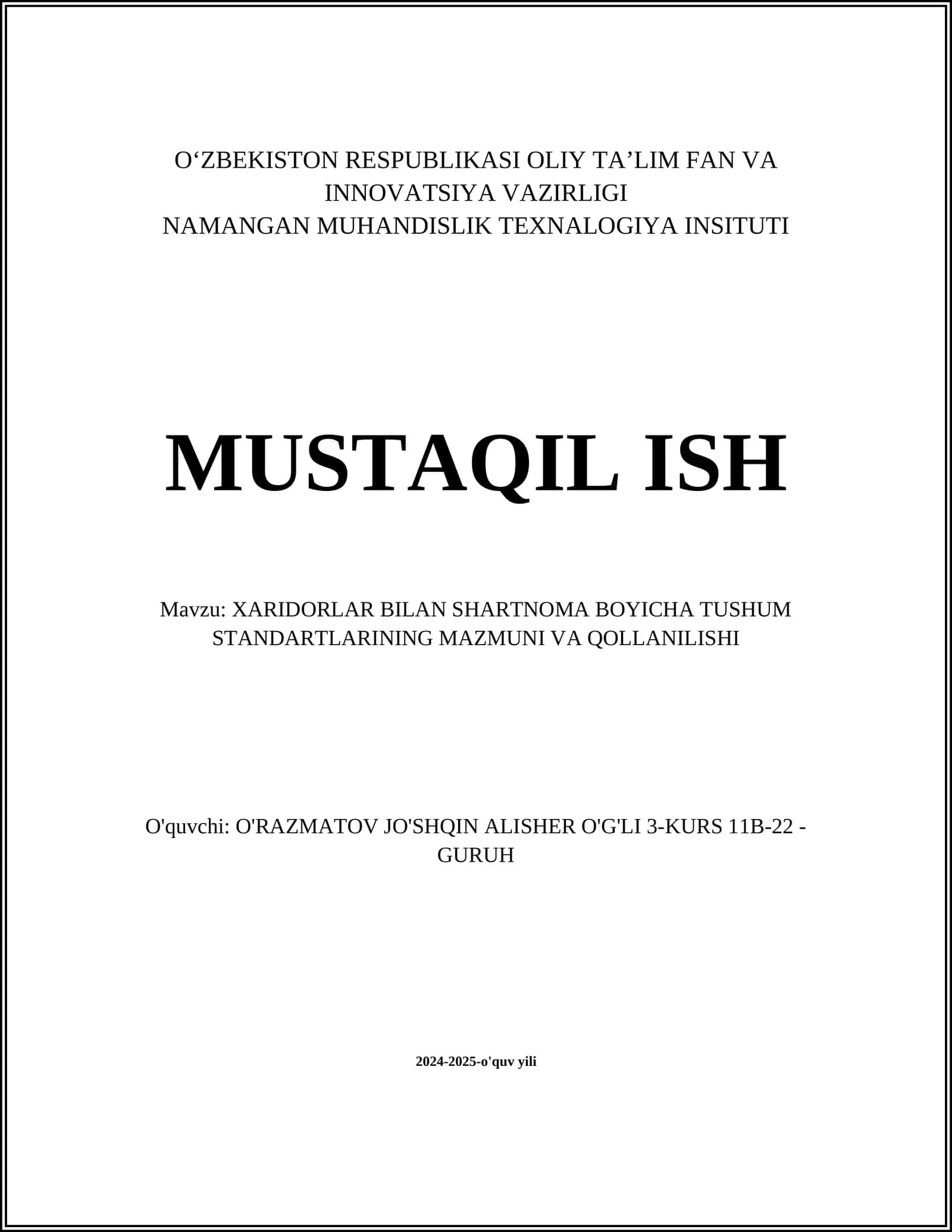 XARIDORLAR BILAN SHARTNOMA BOYICHA TUSHUM STANDARTLARINING MAZMUNI VA QOLLANILISHI