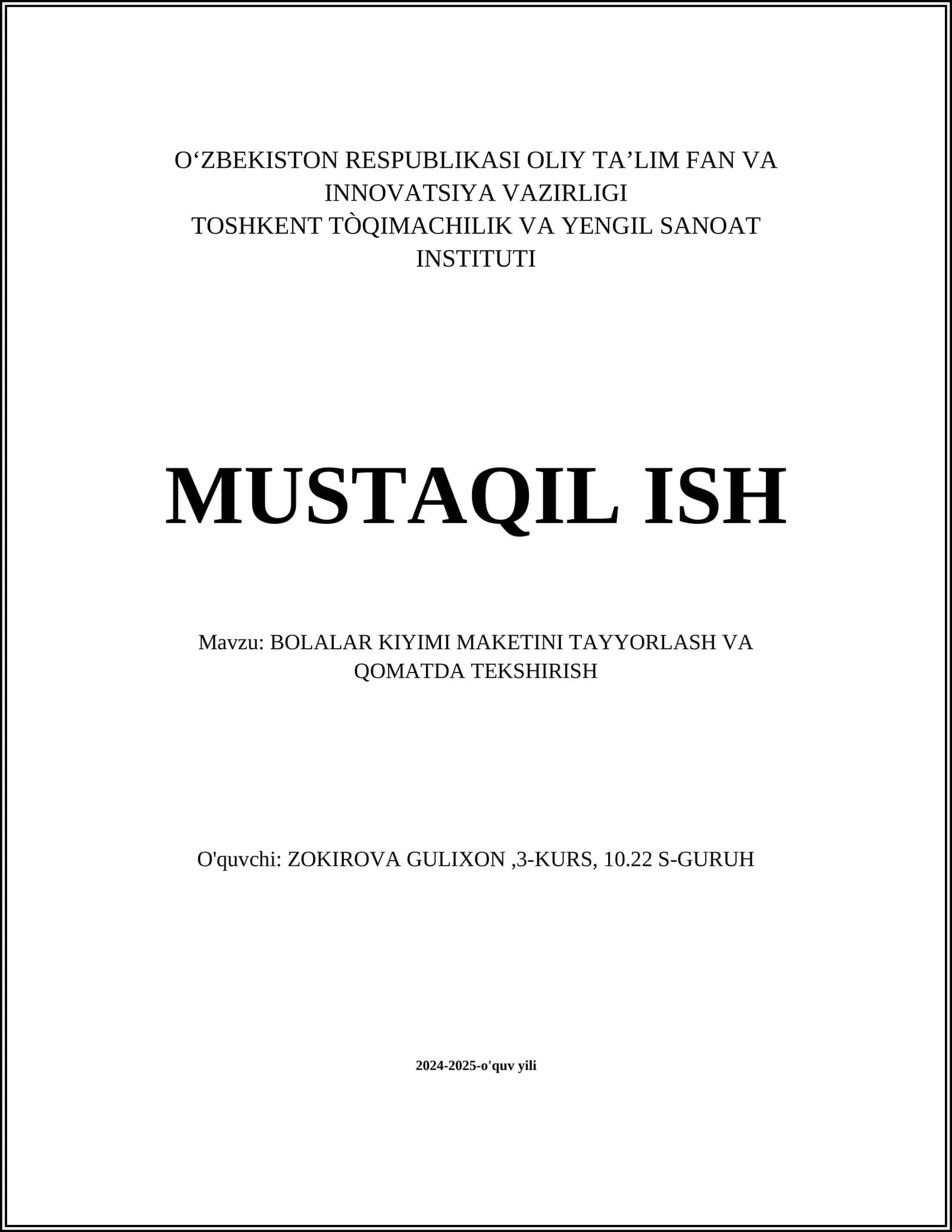 BOLALAR KIYIMI MAKETINI TAYYORLASH VA QOMATDA TEKSHIRISH