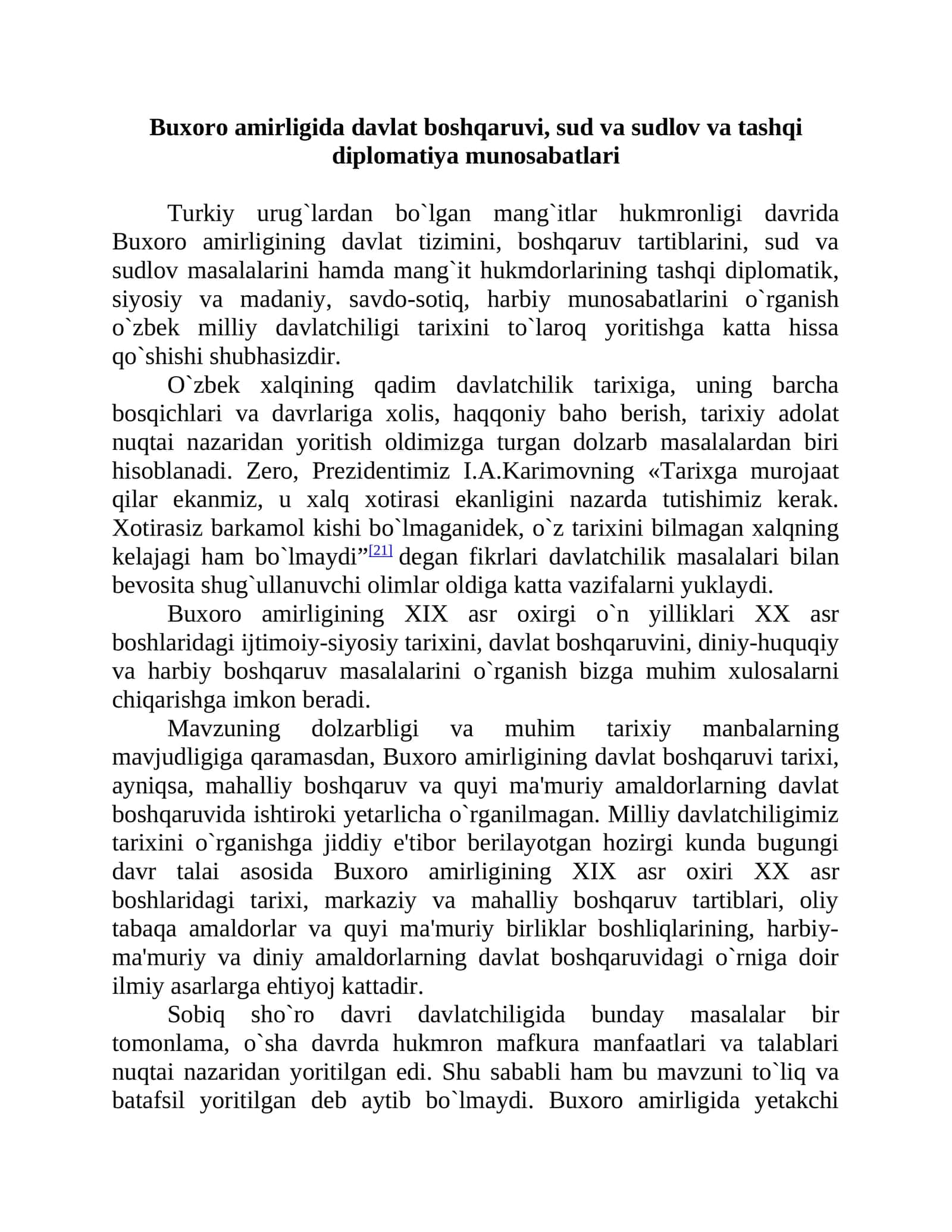 Buxoro amirligida davlat boshqaruv va tashqi diplomatiyamunosabatlari