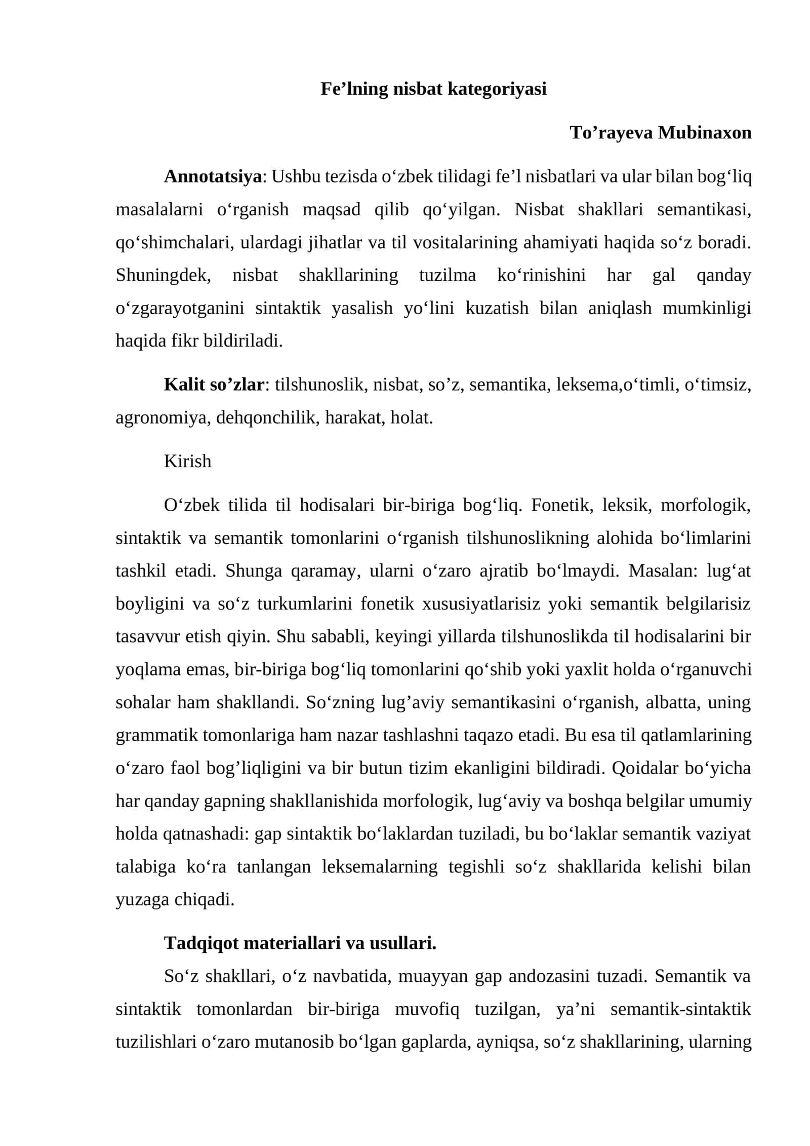 Fe’lning nisbat kategoriyasi