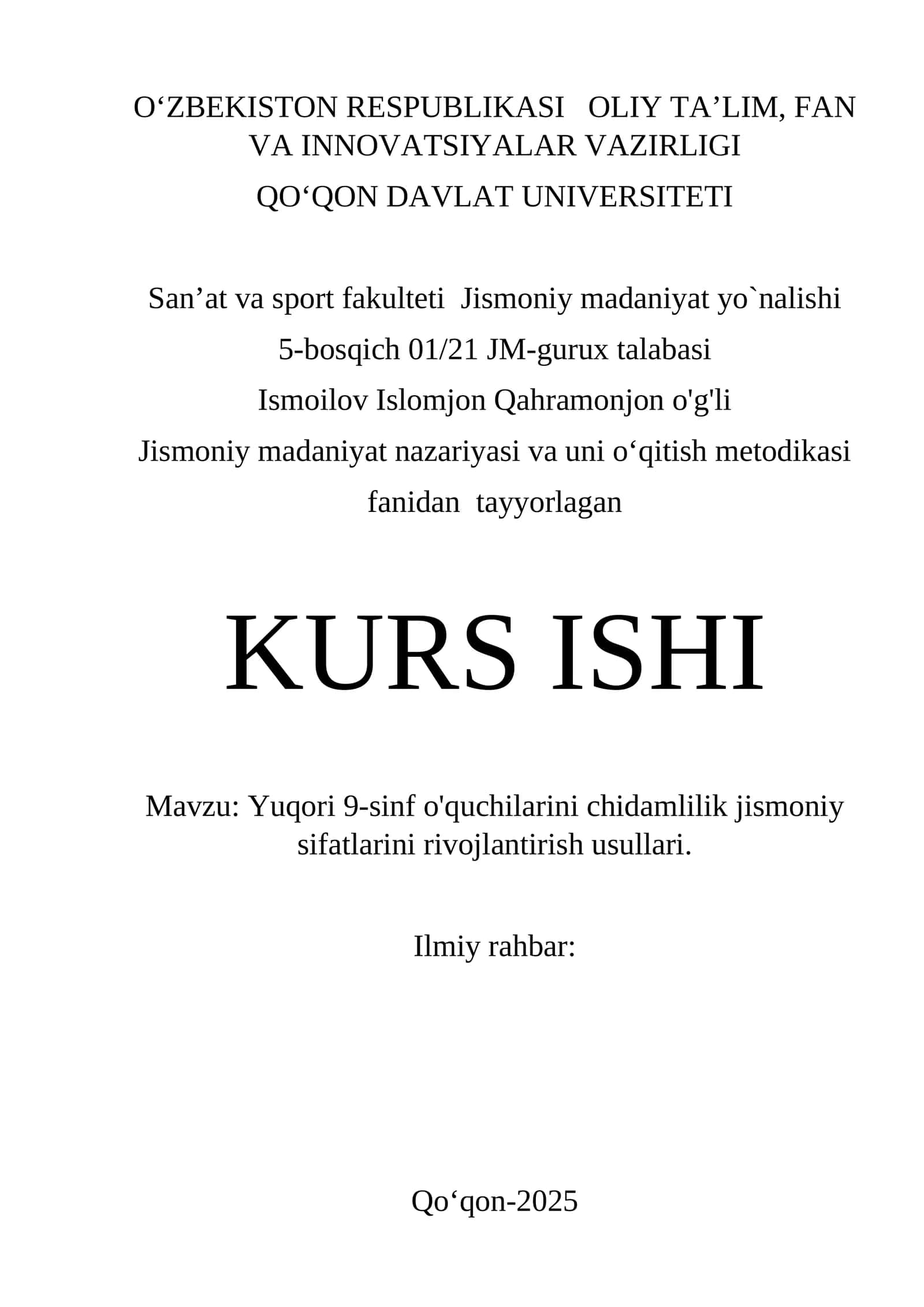 Jismoniy madaniyat nazariyasi va uni o‘qitish metodikasi kurs ishi